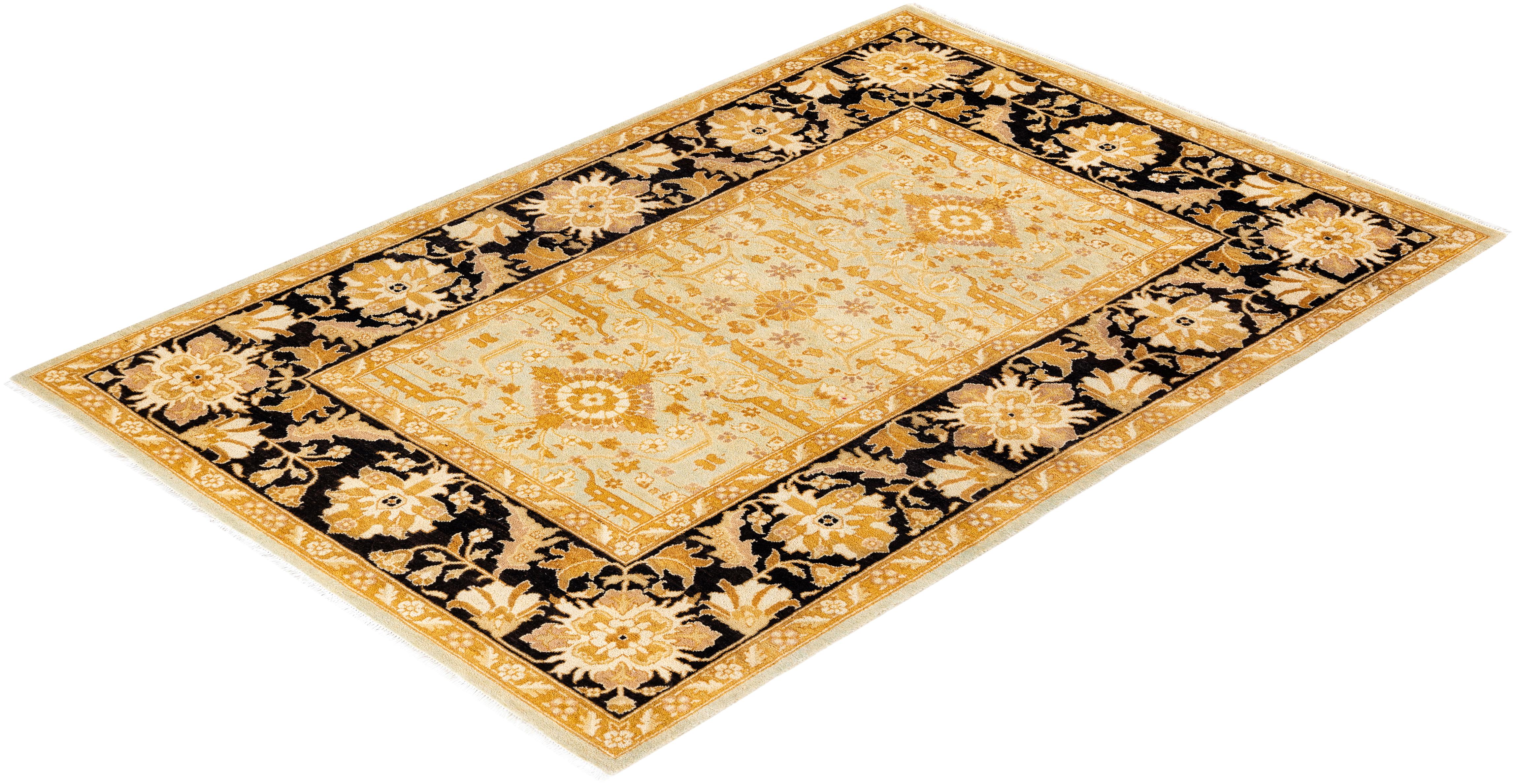 Traditional Floral Hand Knotted Wool Yellow Area Rug For Sale 3