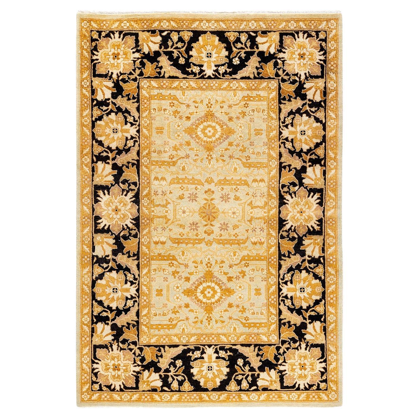 Traditional Floral Hand Knotted Wool Yellow Area Rug For Sale