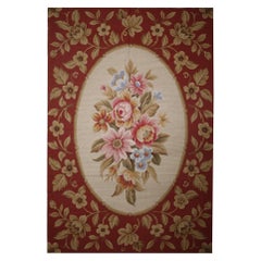 Used Traditional Floral Needlepoint Rug Handmade Red Carpet Wool Area Rug