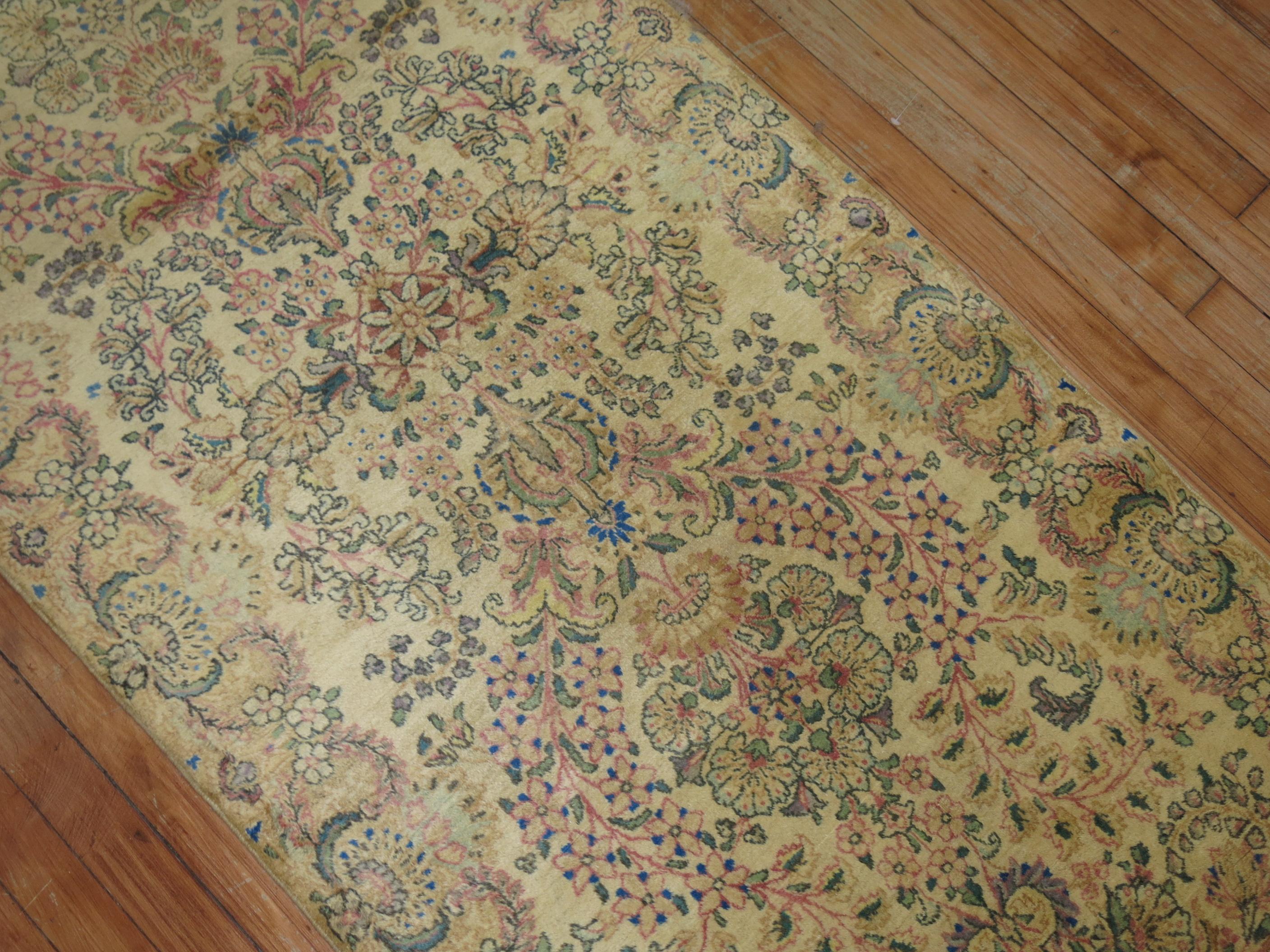 Hand-Knotted Traditional Floral Persian Kirman Runner For Sale