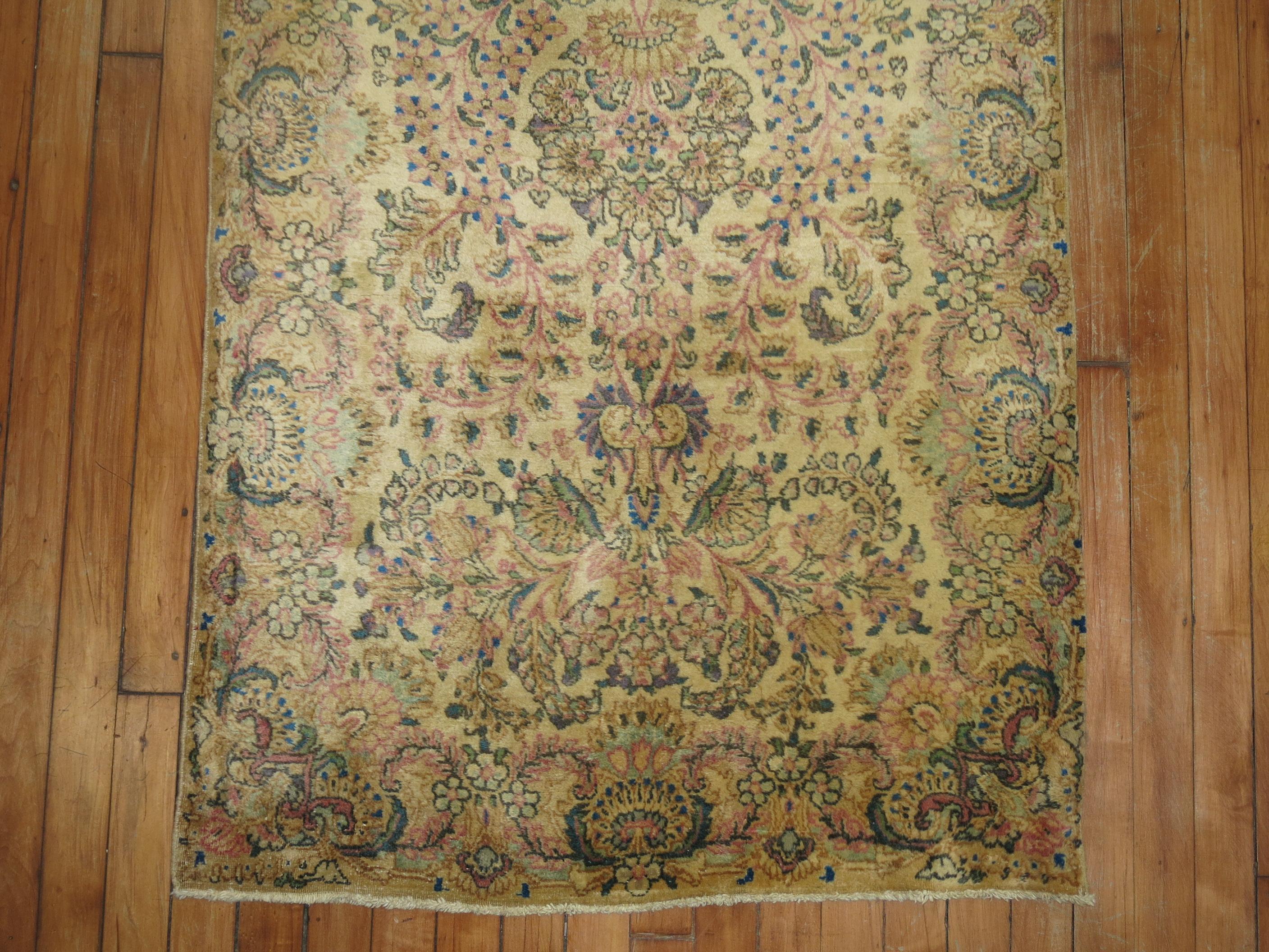 Wool Traditional Floral Persian Kirman Runner For Sale