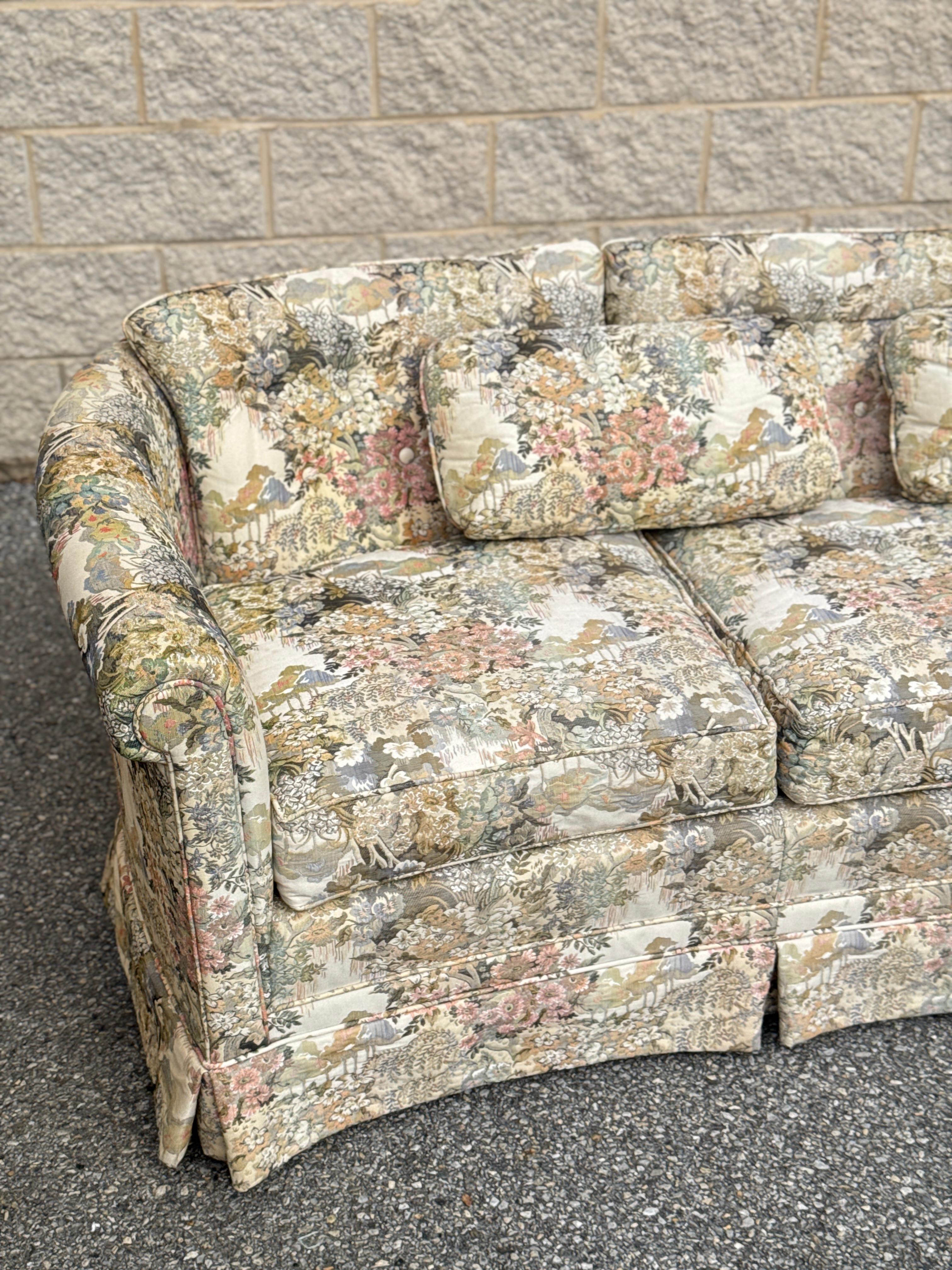Traditional Floral Sofa With Pastel Chinoiserie-Inspired Upholstery and Skirted For Sale 5