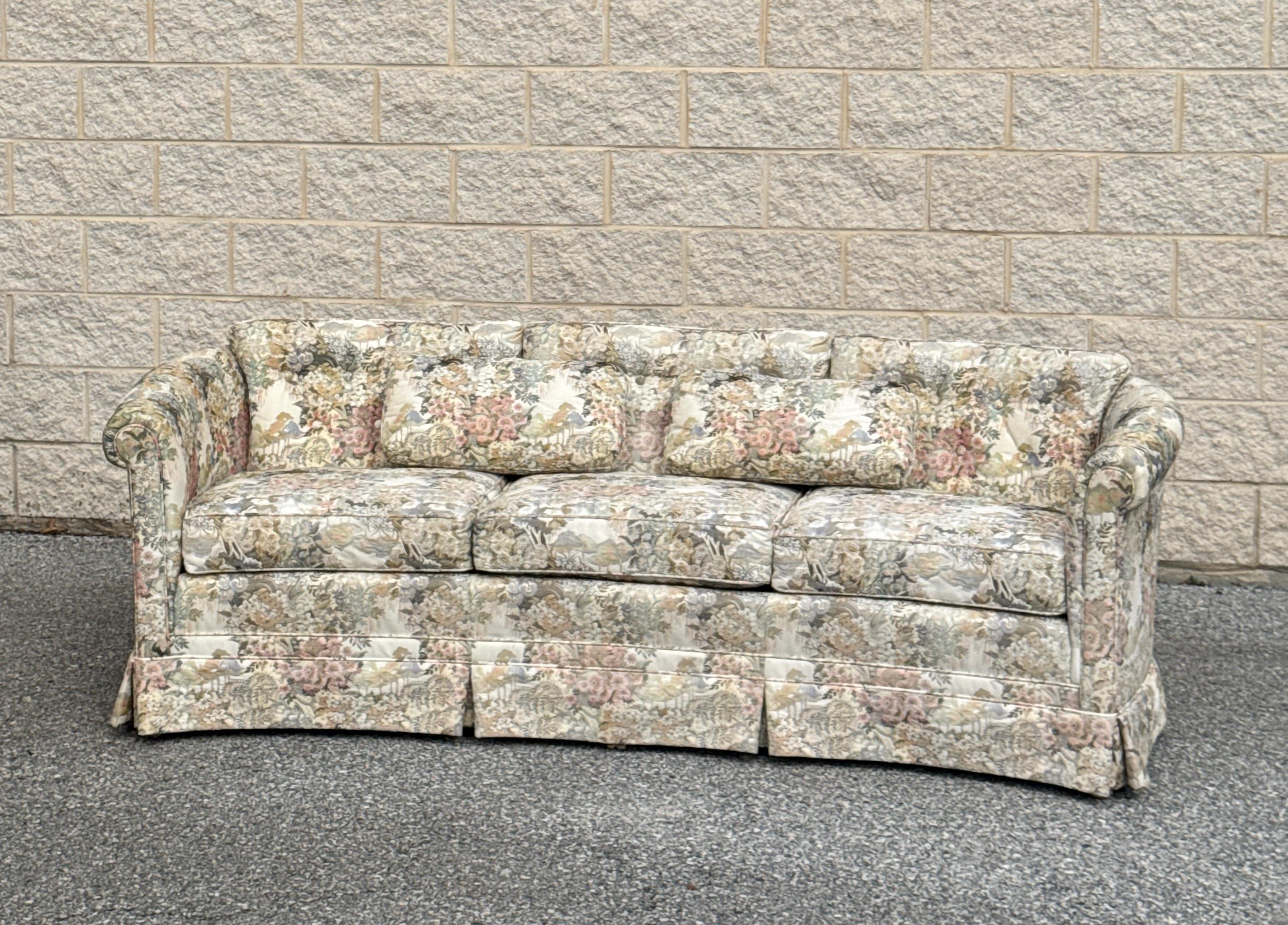 American Traditional Floral Sofa With Pastel Chinoiserie-Inspired Upholstery and Skirted For Sale