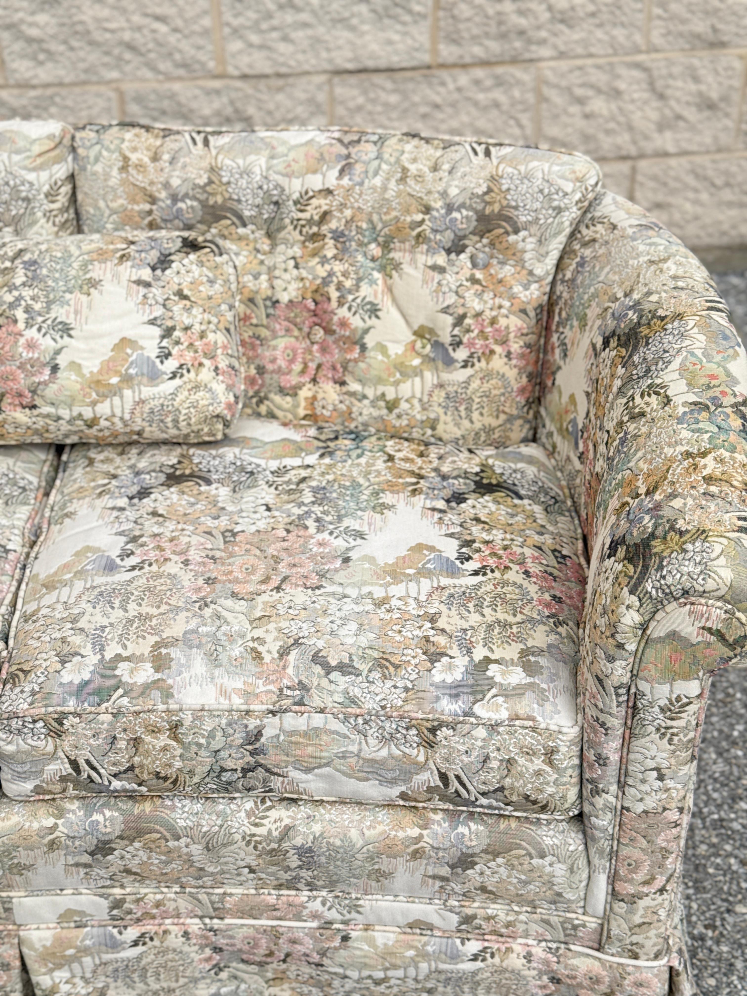 Traditional Floral Sofa With Pastel Chinoiserie-Inspired Upholstery and Skirted In Good Condition For Sale In Elkton, MD