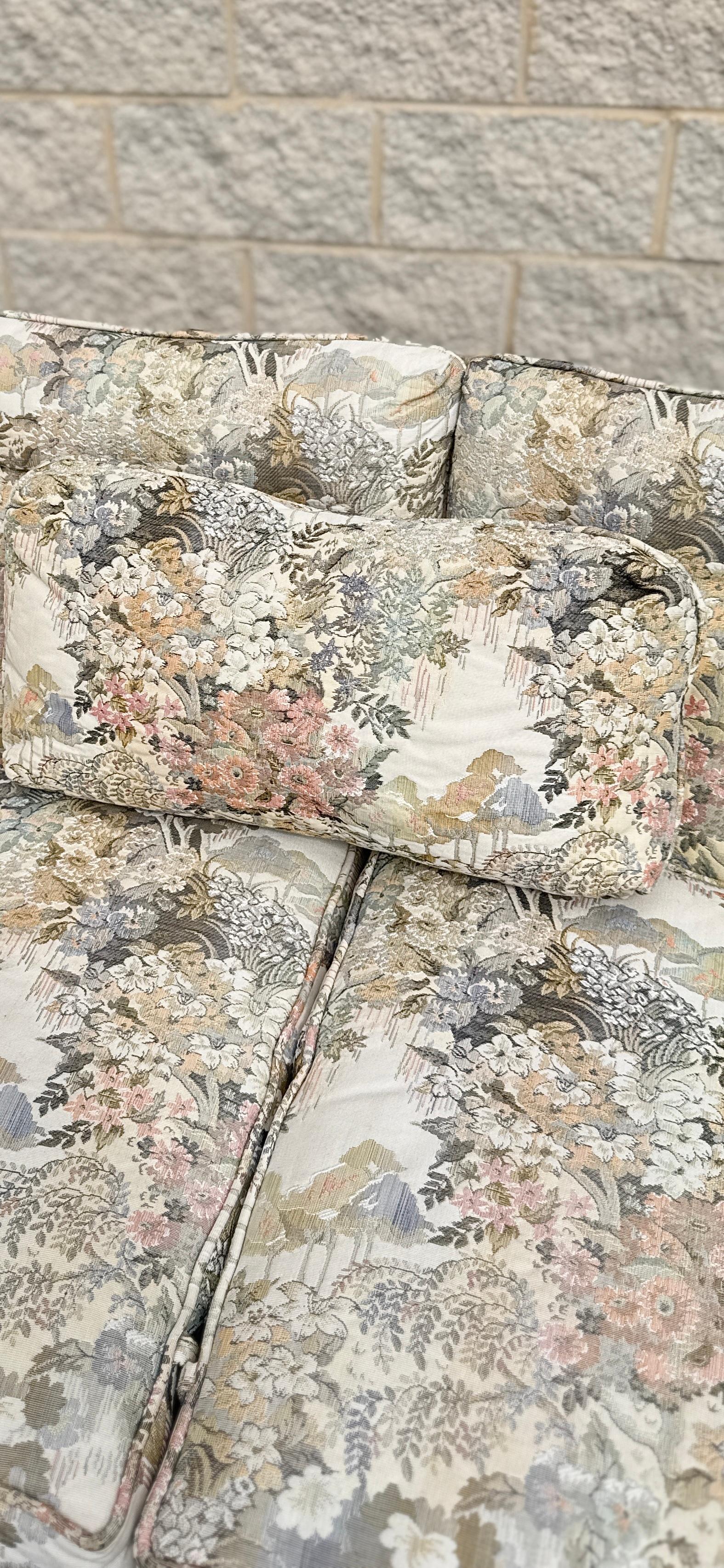 Traditional Floral Sofa With Pastel Chinoiserie-Inspired Upholstery and Skirted For Sale 3