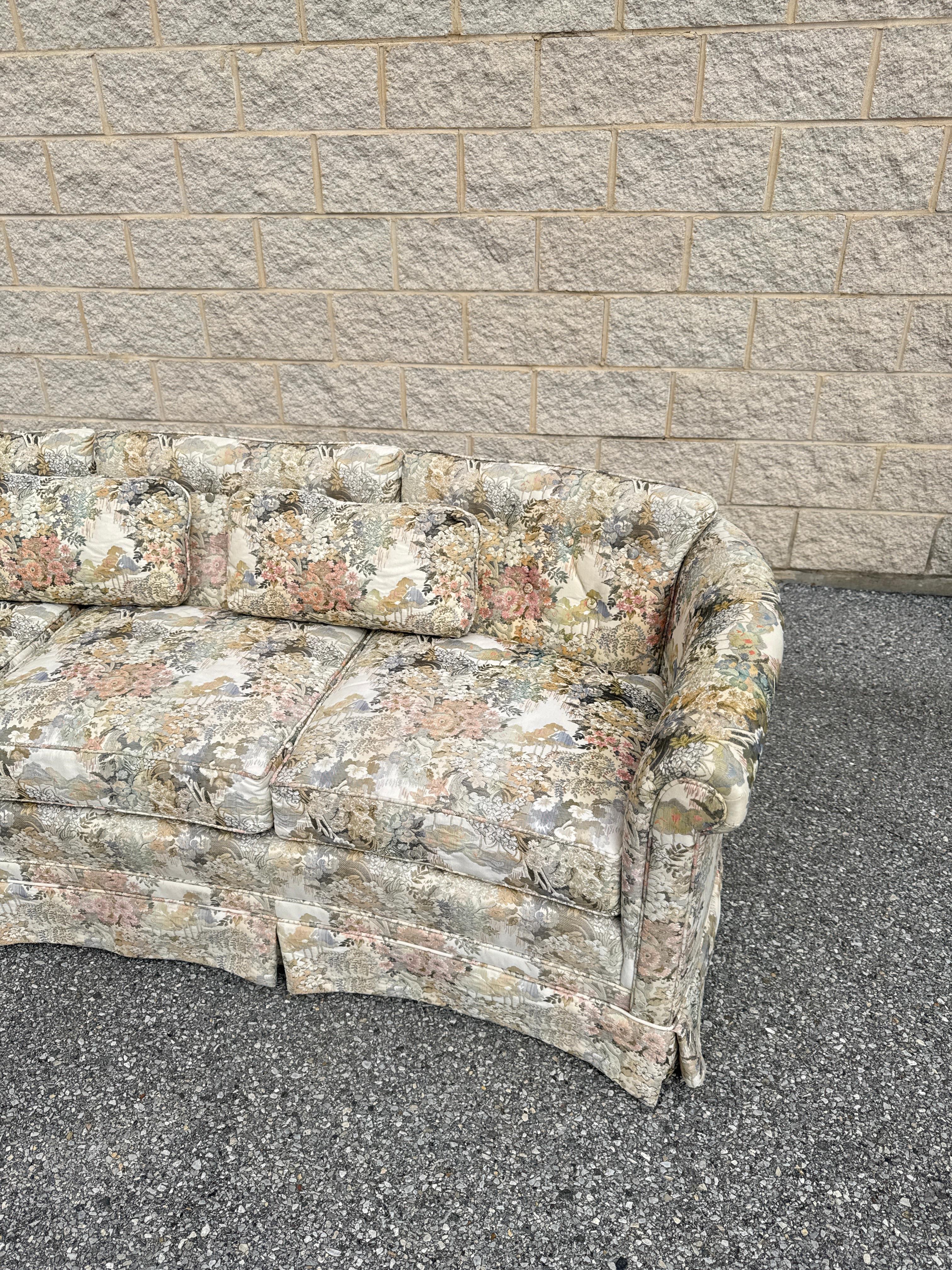 Traditional Floral Sofa With Pastel Chinoiserie-Inspired Upholstery and Skirted For Sale 4