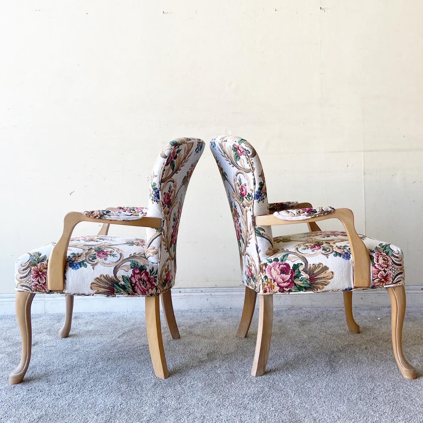 Fabric Traditional Floral Upholstry Wooden Arm Chairs, a Pair For Sale