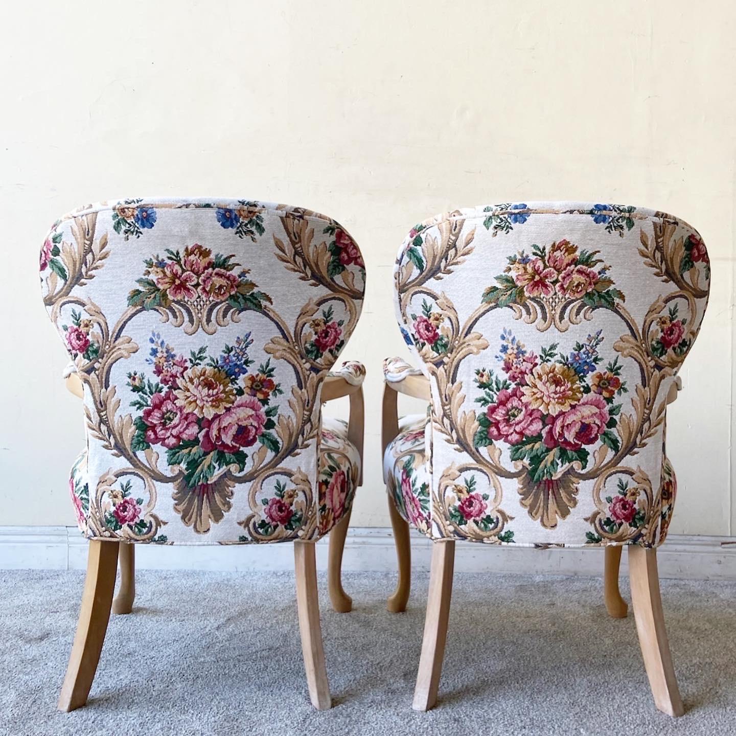 Fabric Traditional Floral Upholstry Wooden Arm Chairs, a Pair For Sale