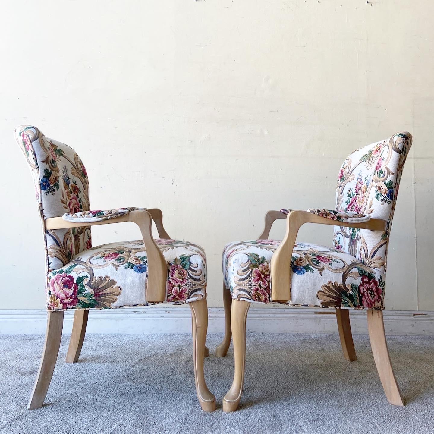 Traditional Floral Upholstry Wooden Arm Chairs, a Pair 1