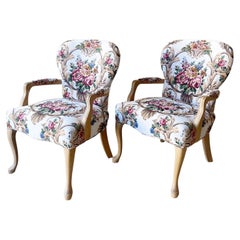 Traditional Floral Upholstry Wooden Arm Chairs, a Pair