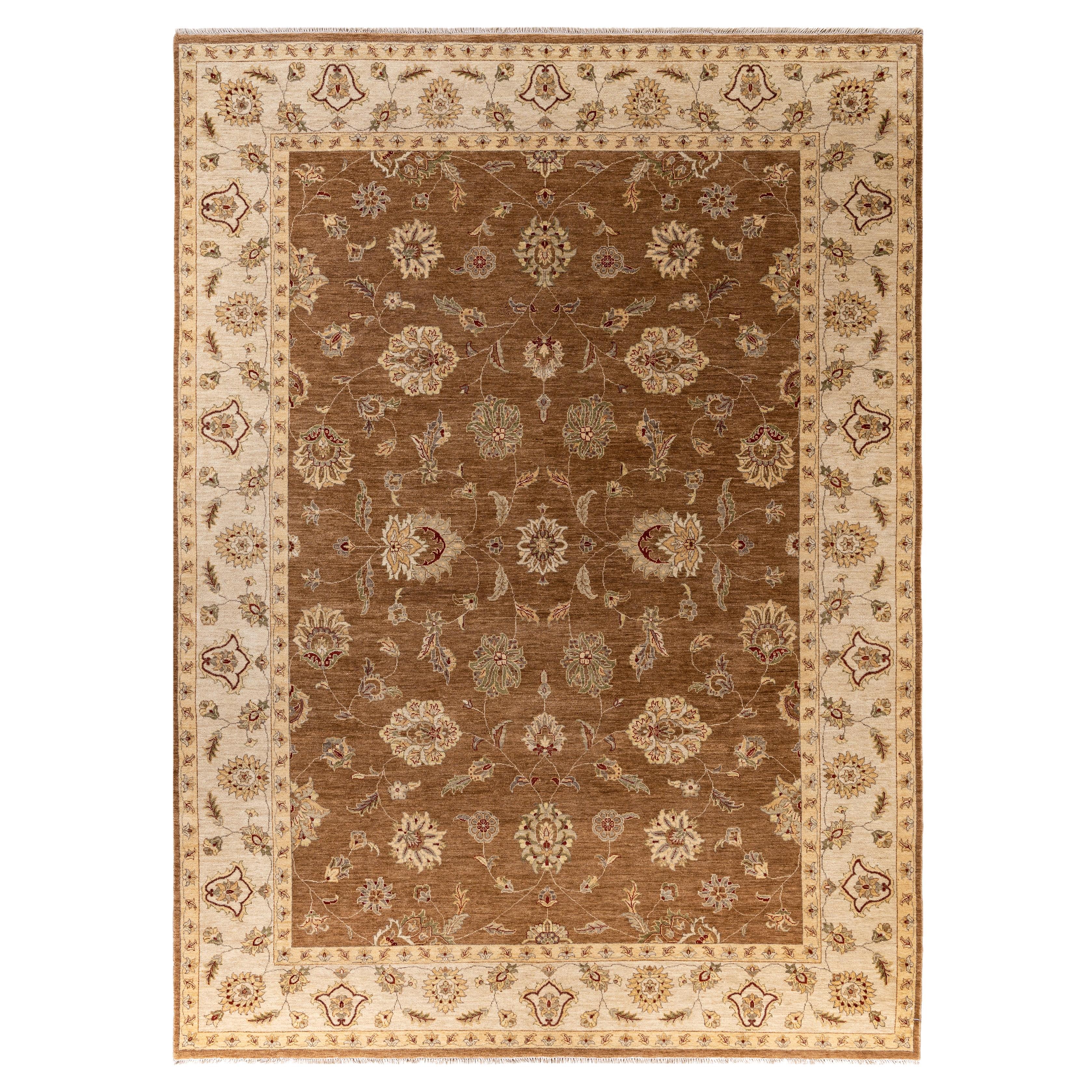 Tappeto tradizionale floreale in lana annodato a mano marrone 8' 10" x 12' 3"