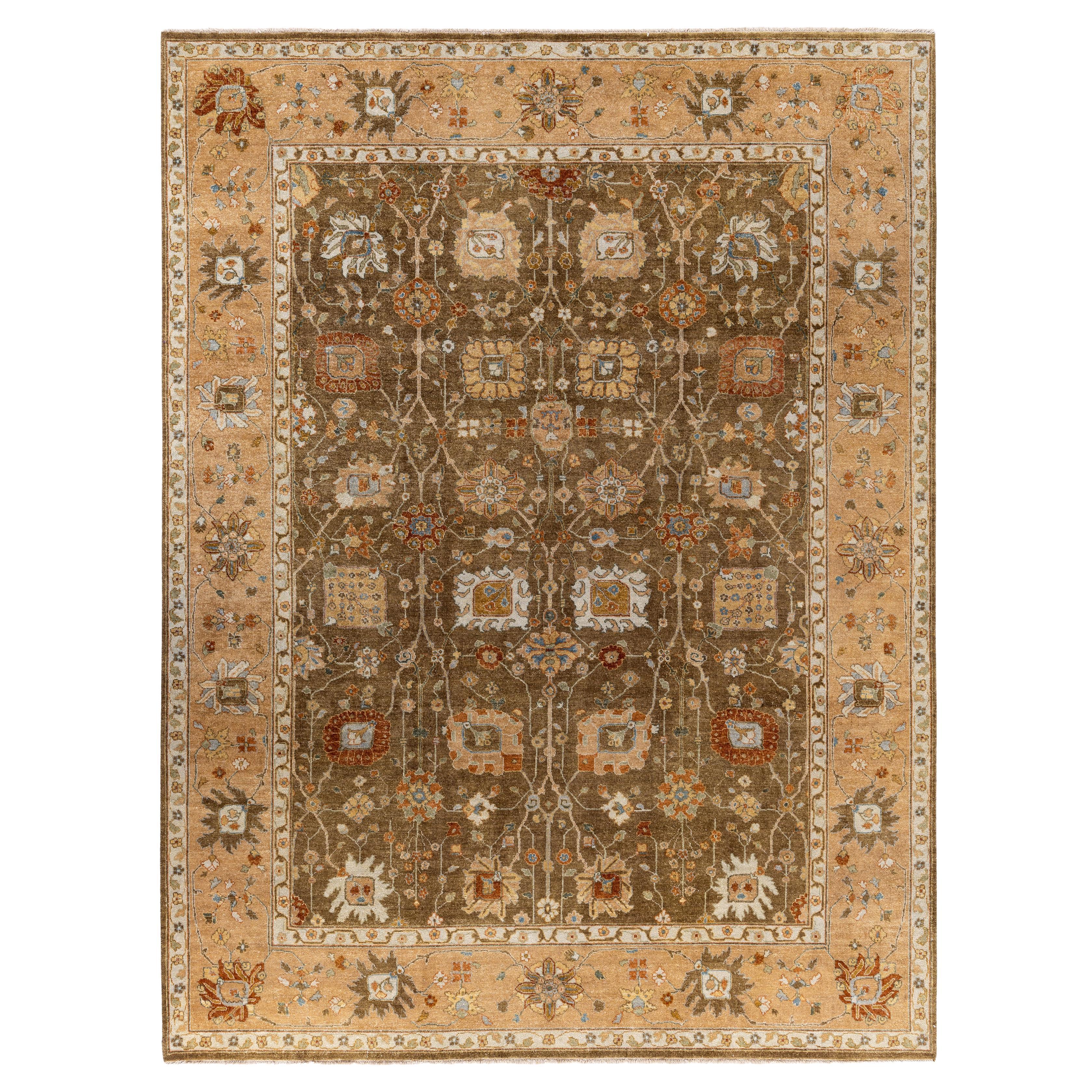 Traditional Floral Wool Hand Knotted Brown Area Rug 9' 0" x 11' 10"