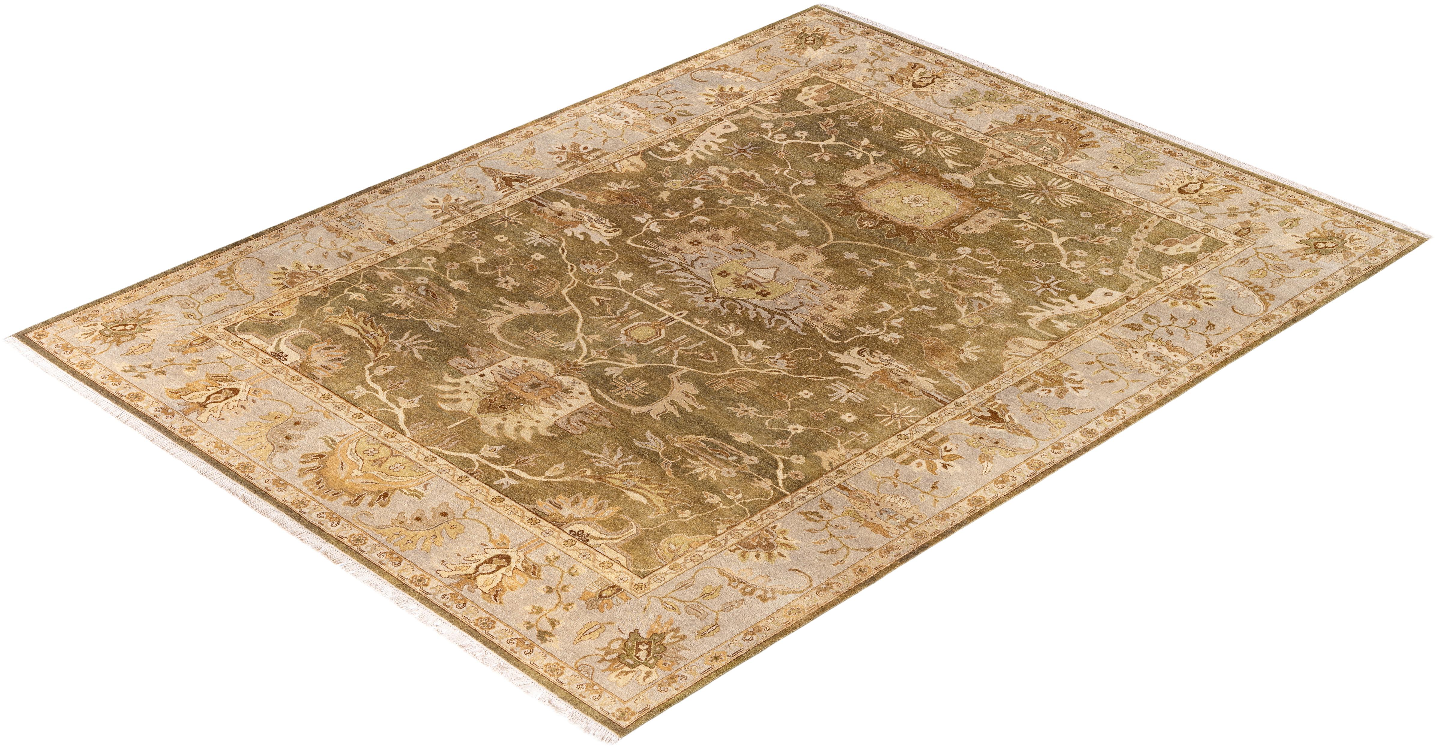 Tapis traditionnel vert noué à la main 9' 0