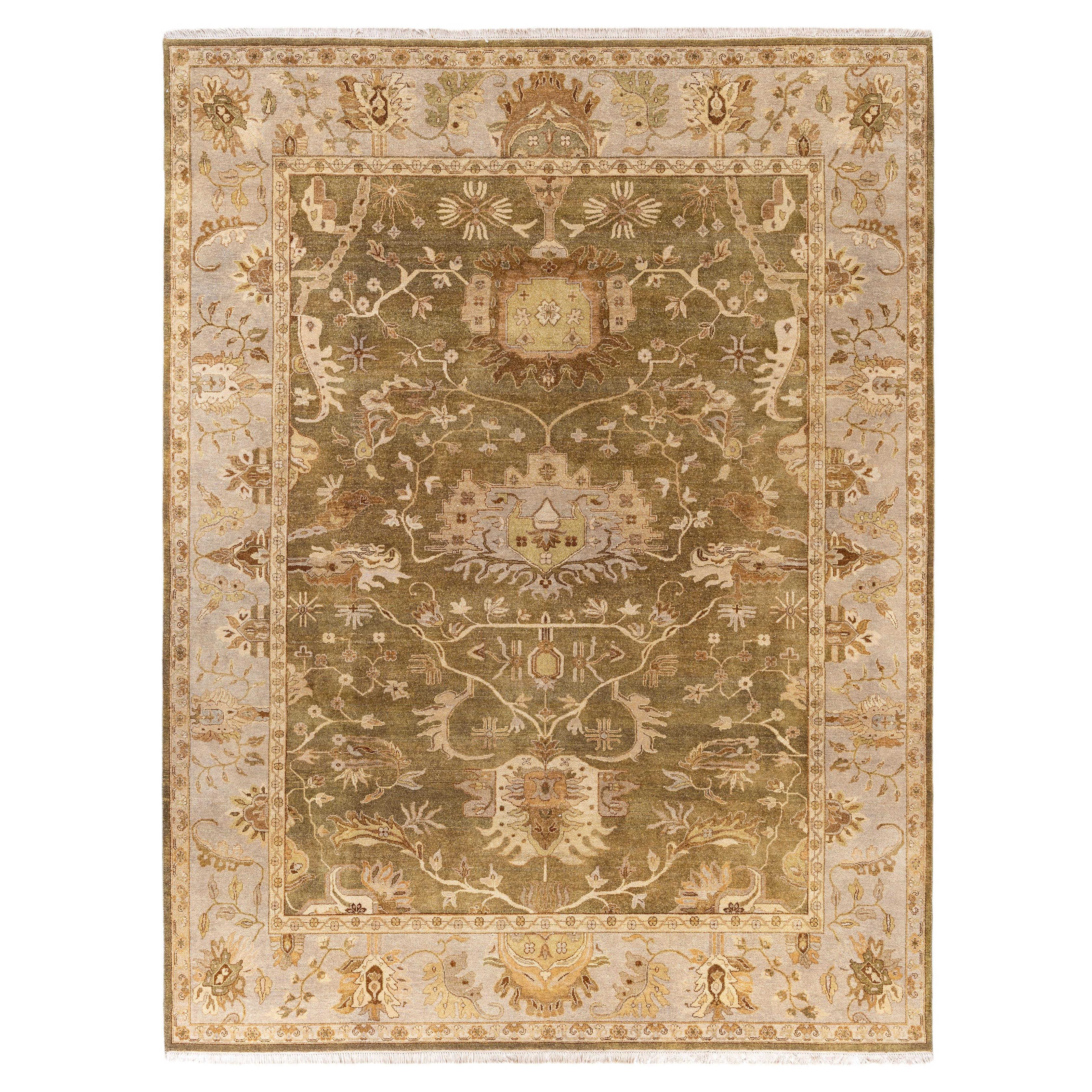 Traditional Floral Wool Hand Knotted Green Area Rug 9' 0" x 11' 9"