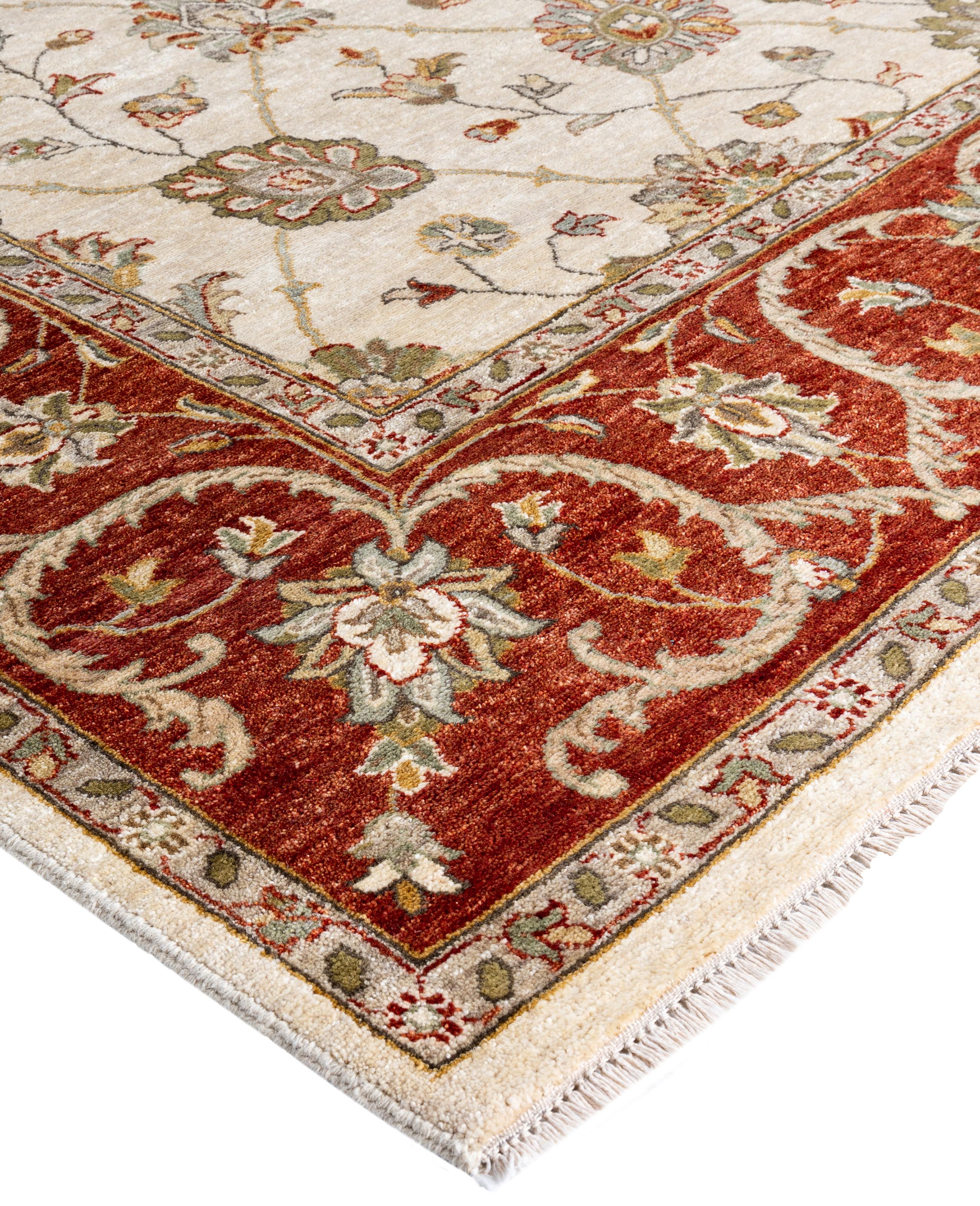 Originating centuries ago in what is now Turkey, Oushak rugs have long been sought after for their intricate patterns, lush yet subtle colors, and soft luster. These rugs continue that tradition. Hand-knotted of wool by skilled artisans, they will