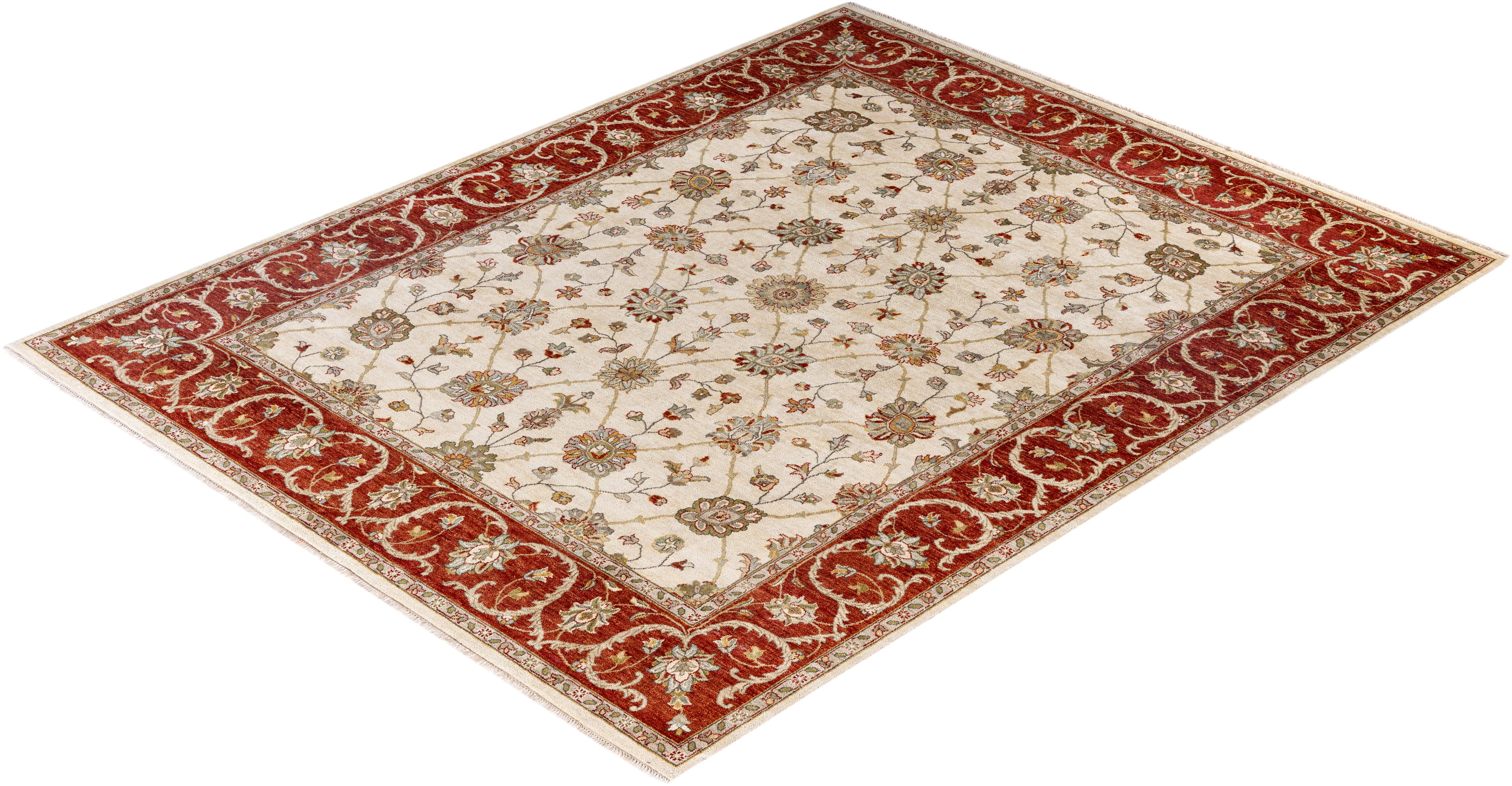 Traditional Floral Wool Hand Knotted Ivory Area Rug 8' 1