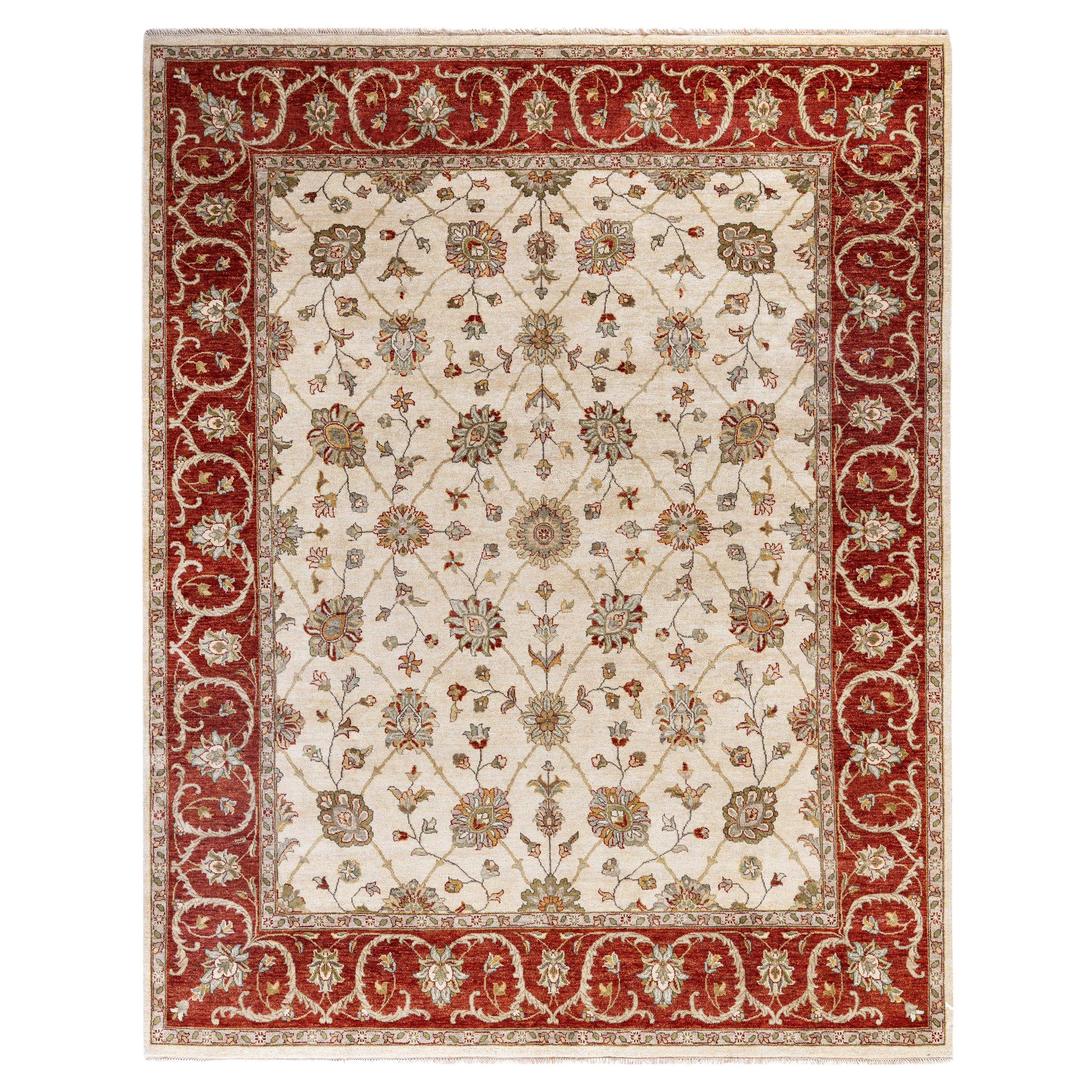 Traditional Floral Wool Hand Knotted Ivory Area Rug 8' 1" x 10' 0"