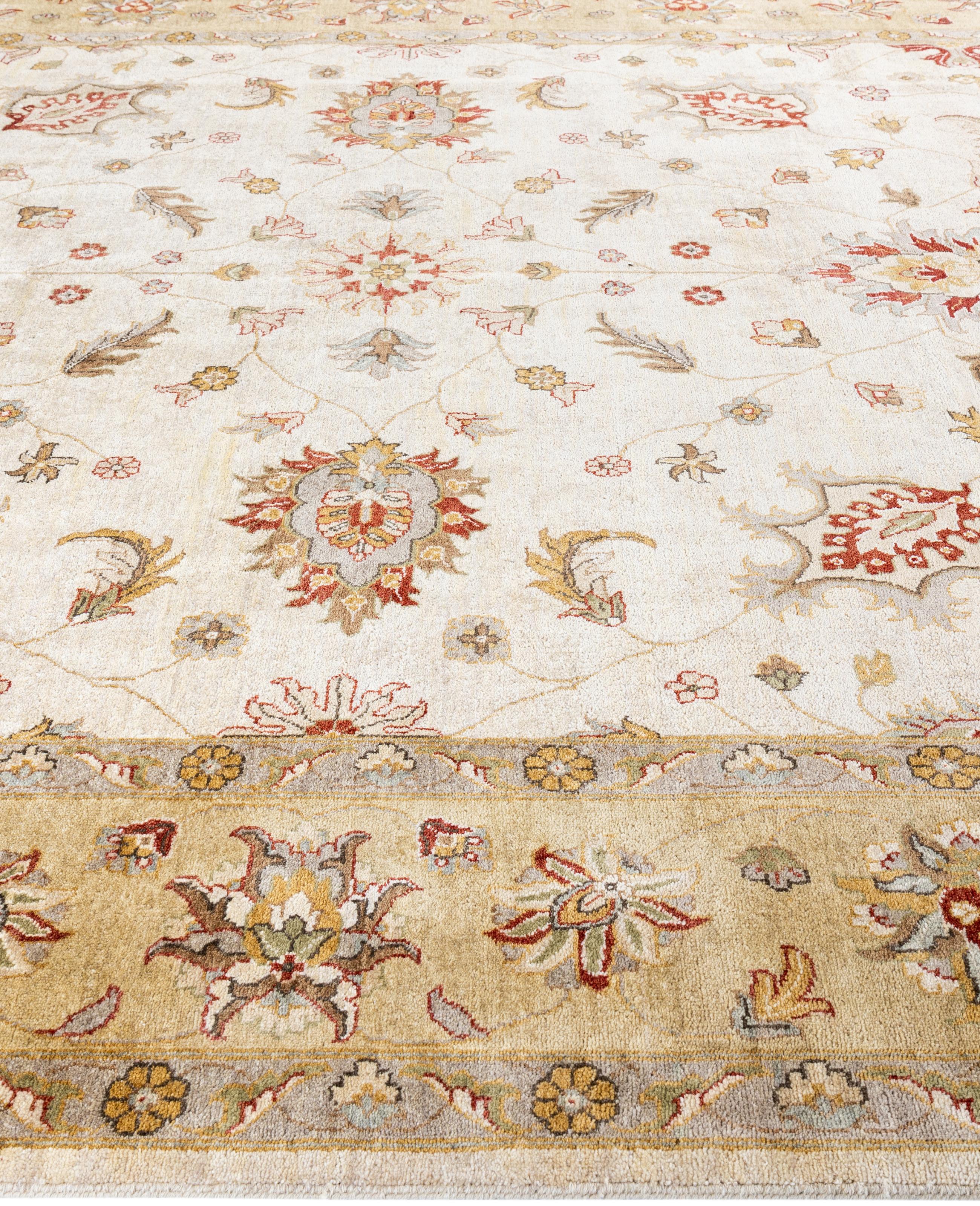 Hand-Knotted Traditional Floral Wool Hand Knotted Ivory Area Rug 9' 1