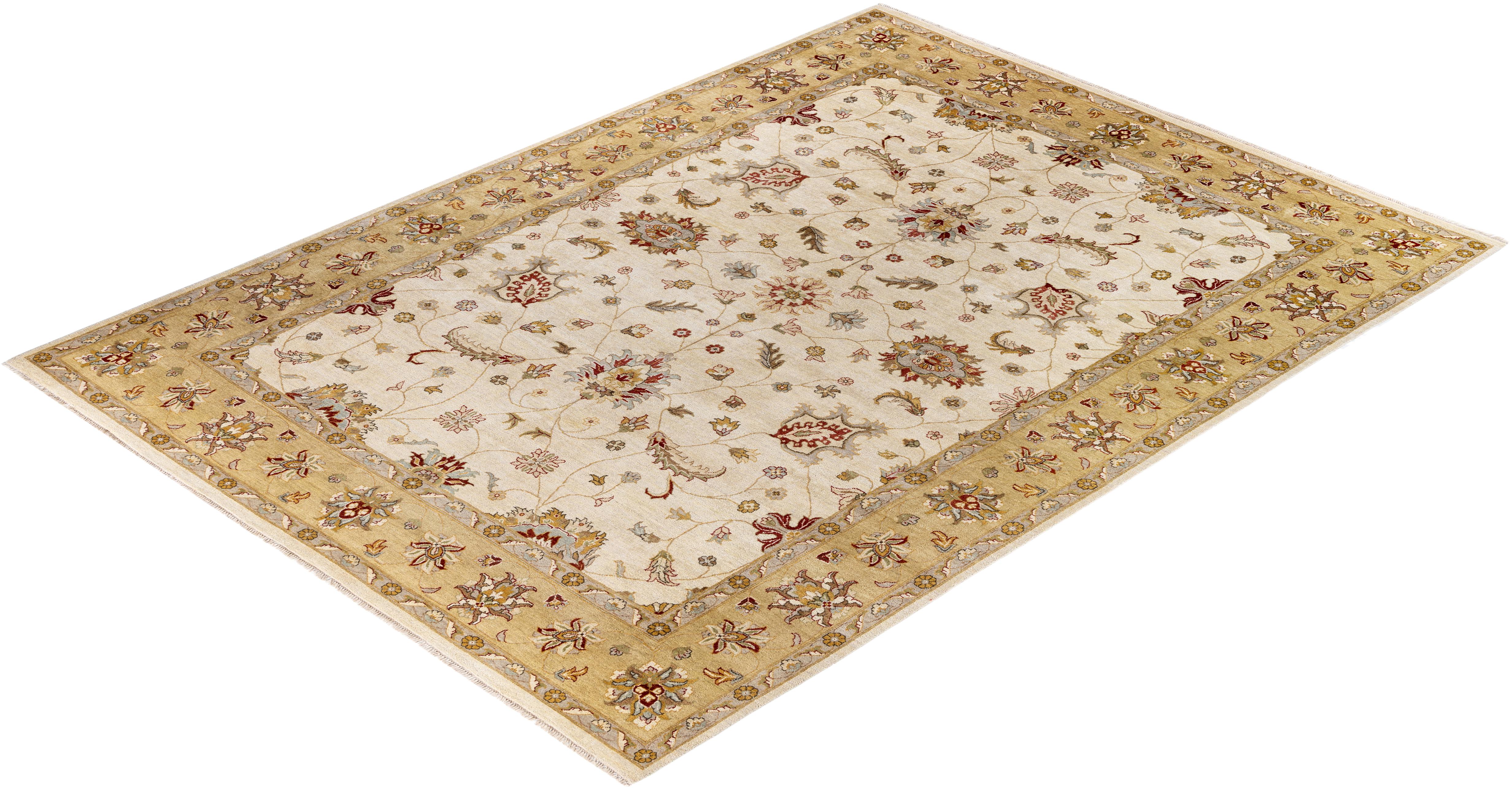 Traditional Floral Wool Hand Knotted Ivory Area Rug 9' 1