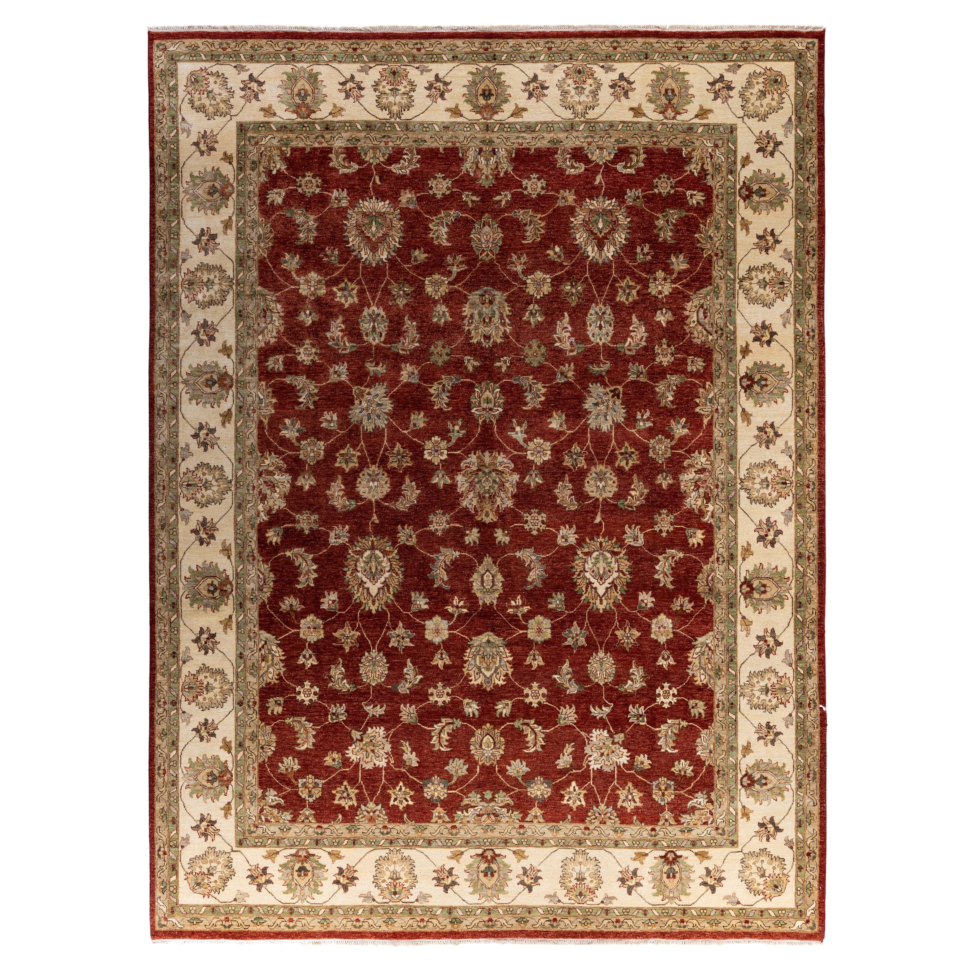 Traditional Floral Wool Hand Knotted Red Area Rug 9' 1" x 12' 2"