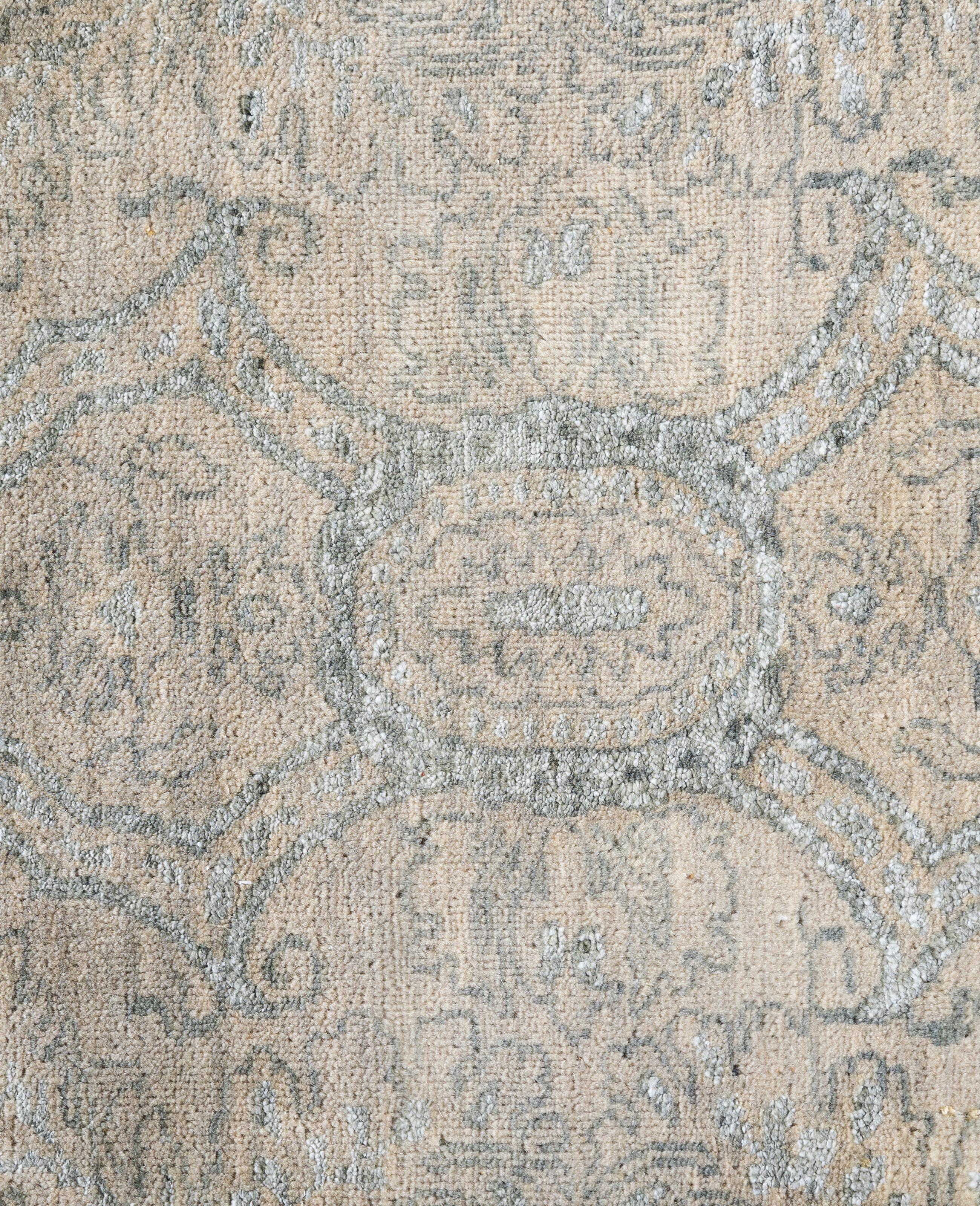 Indiano Tappeto tradizionale floreale in lana e seta annodato a mano, di colore beige, 8' 1