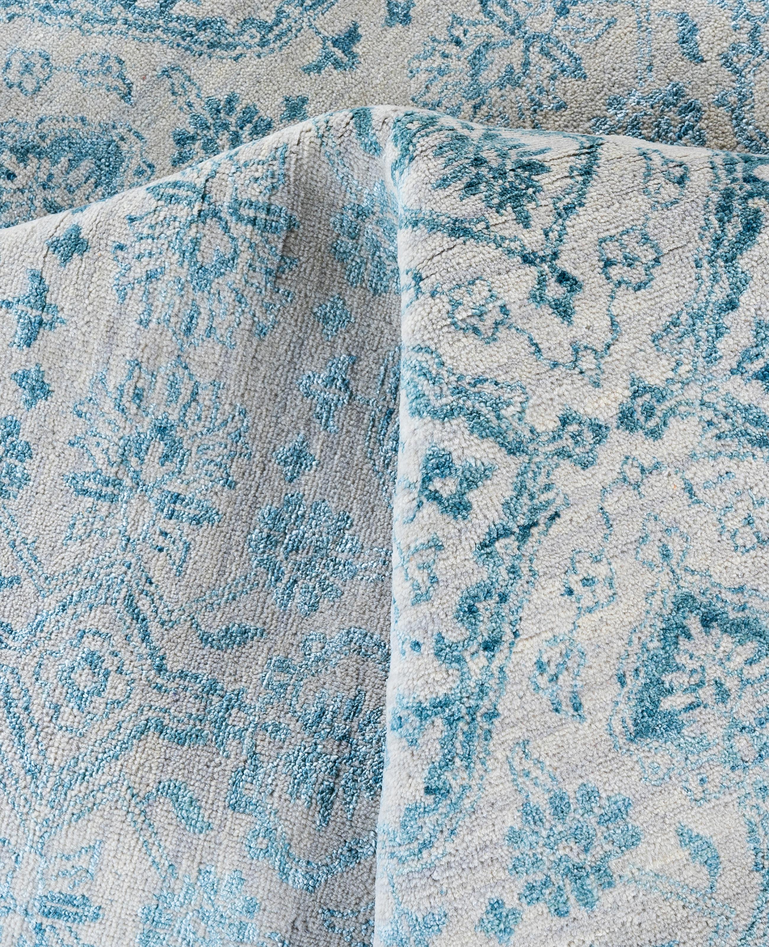 Lana Tappeto tradizionale floreale in lana e seta annodato a mano, di colore beige, 8' 1