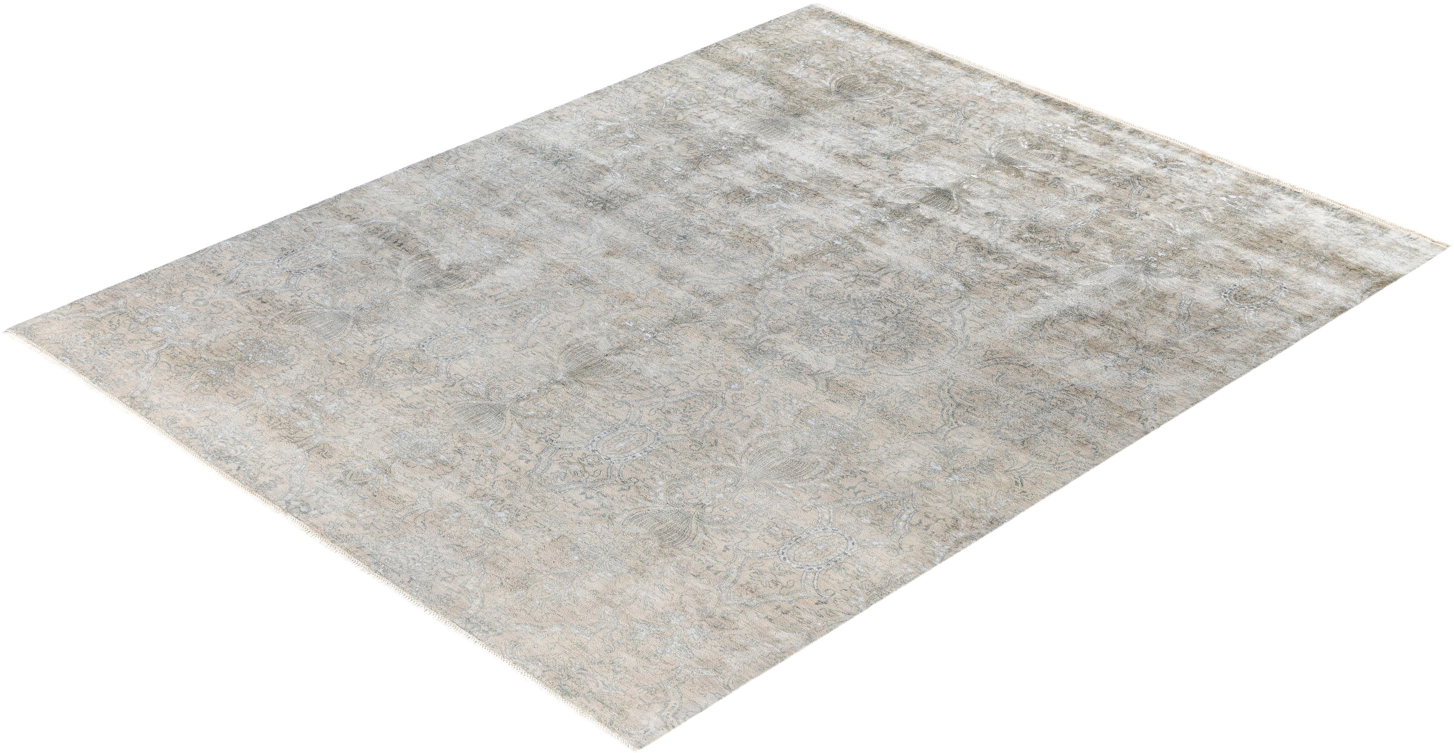 Tappeto tradizionale floreale in lana e seta annodato a mano, di colore beige, 8' 1