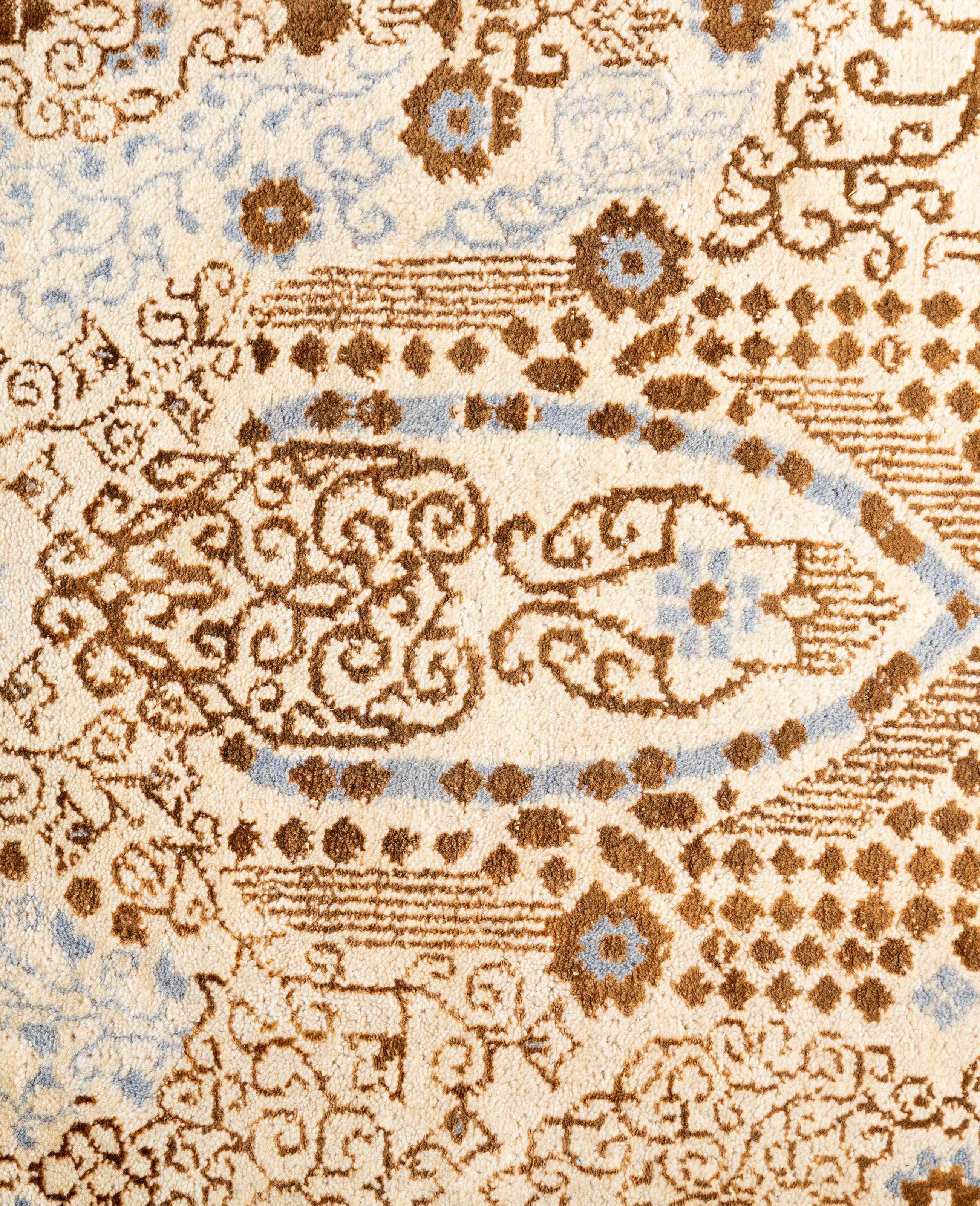 Indiano Tappeto tradizionale floreale in lana e seta annodato a mano di colore beige, 8' 2
