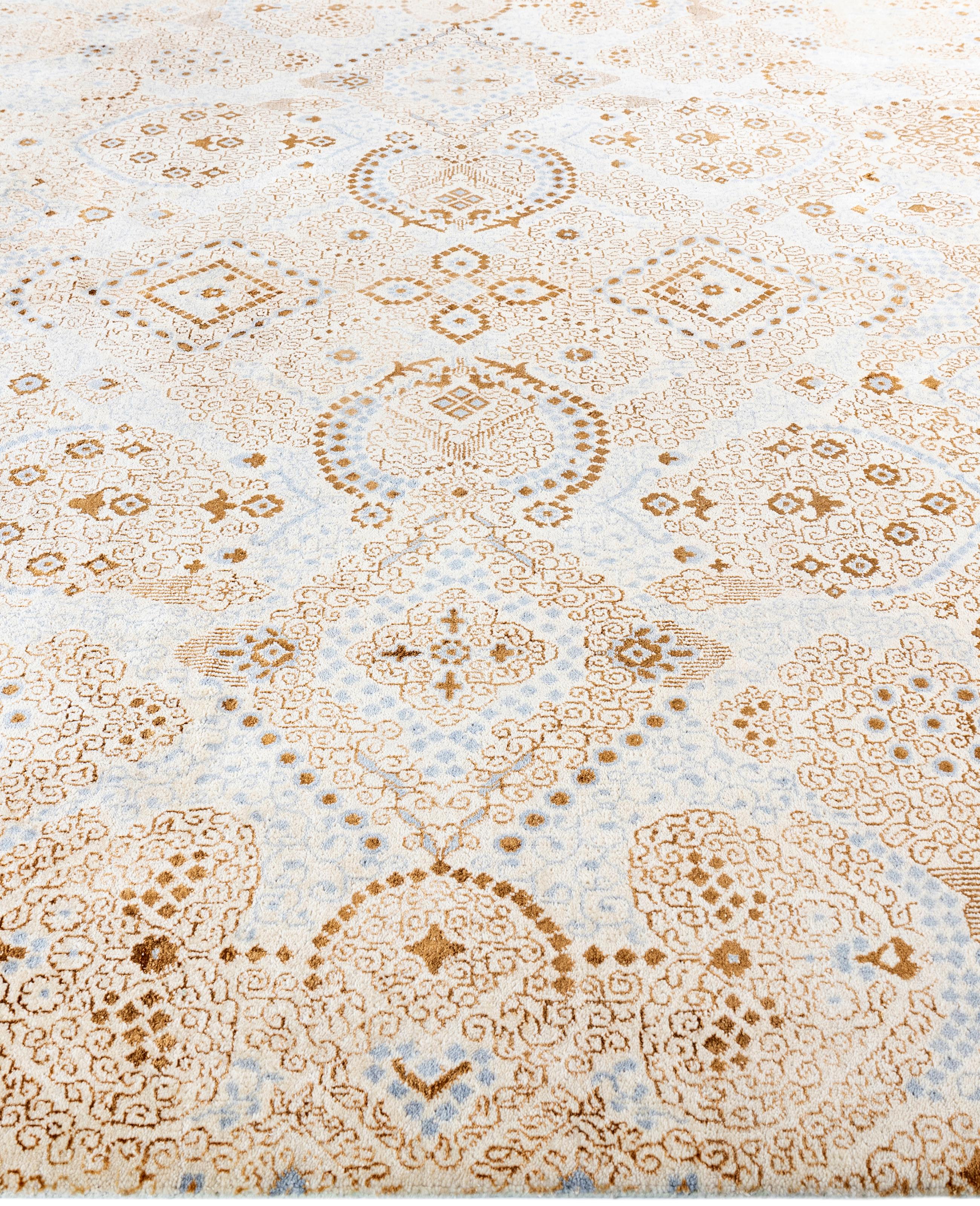 Annodato a mano Tappeto tradizionale floreale in lana e seta annodato a mano di colore beige, 8' 2