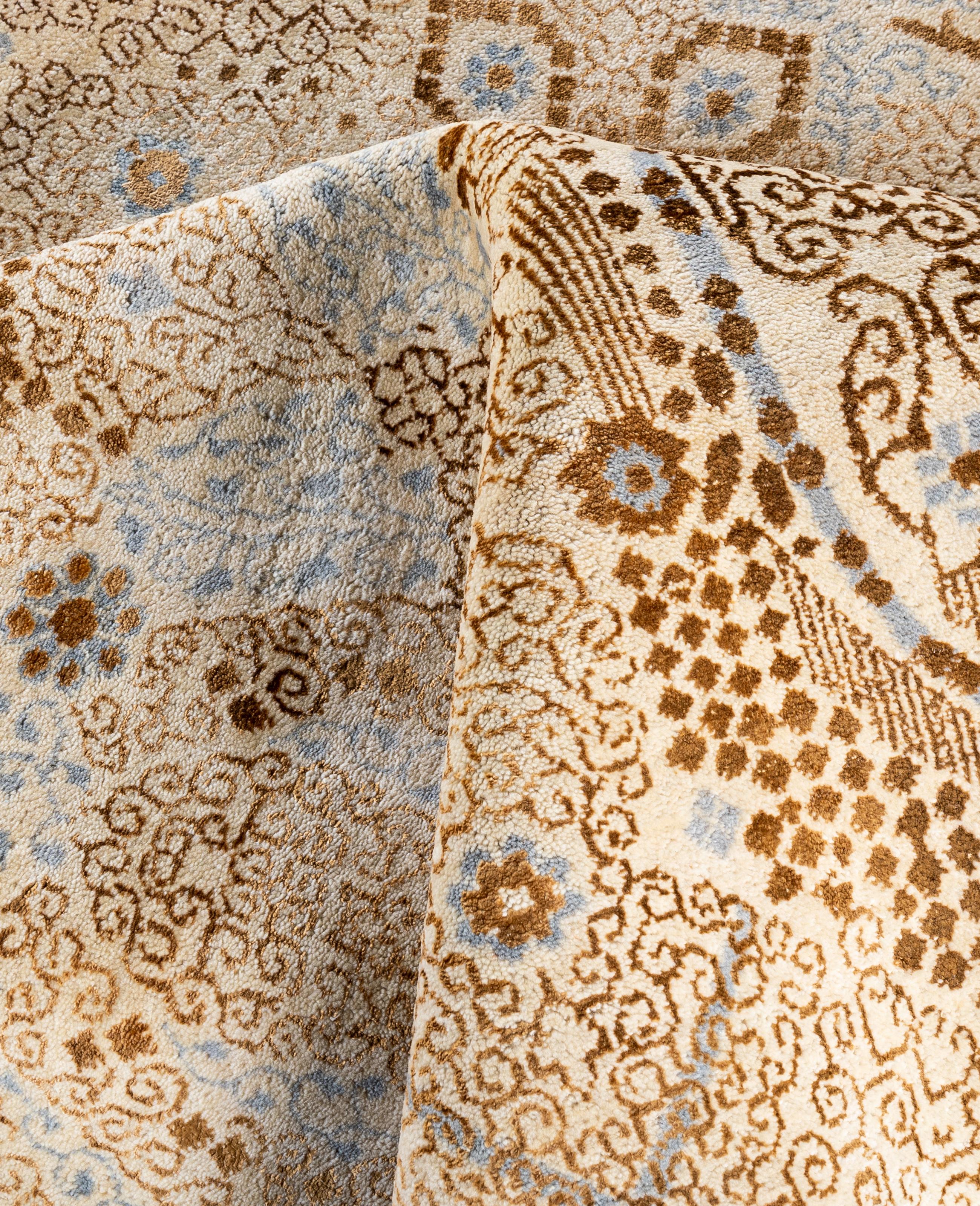 Lana Tappeto tradizionale floreale in lana e seta annodato a mano di colore beige, 8' 2