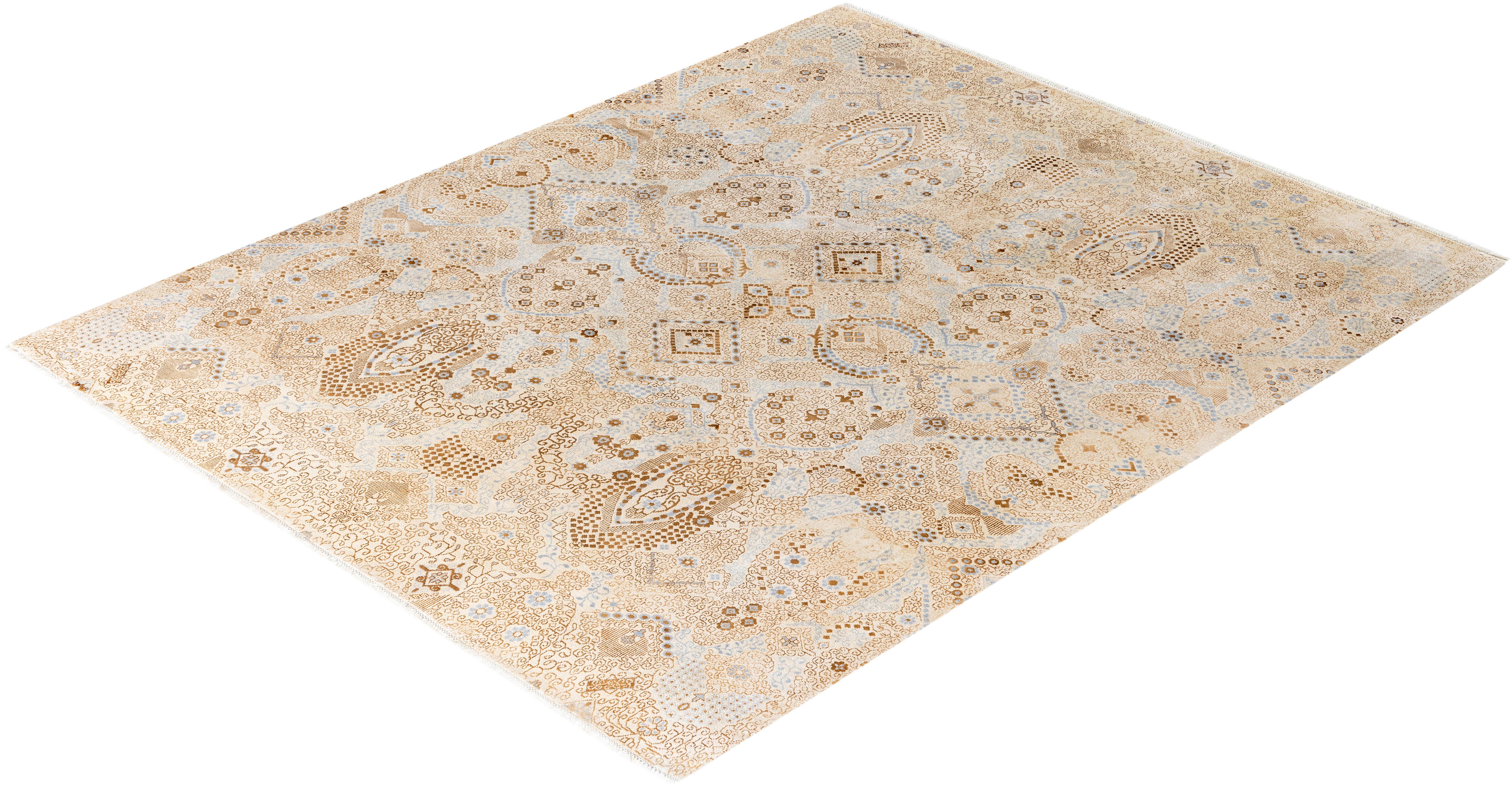 Tappeto tradizionale floreale in lana e seta annodato a mano di colore beige, 8' 2