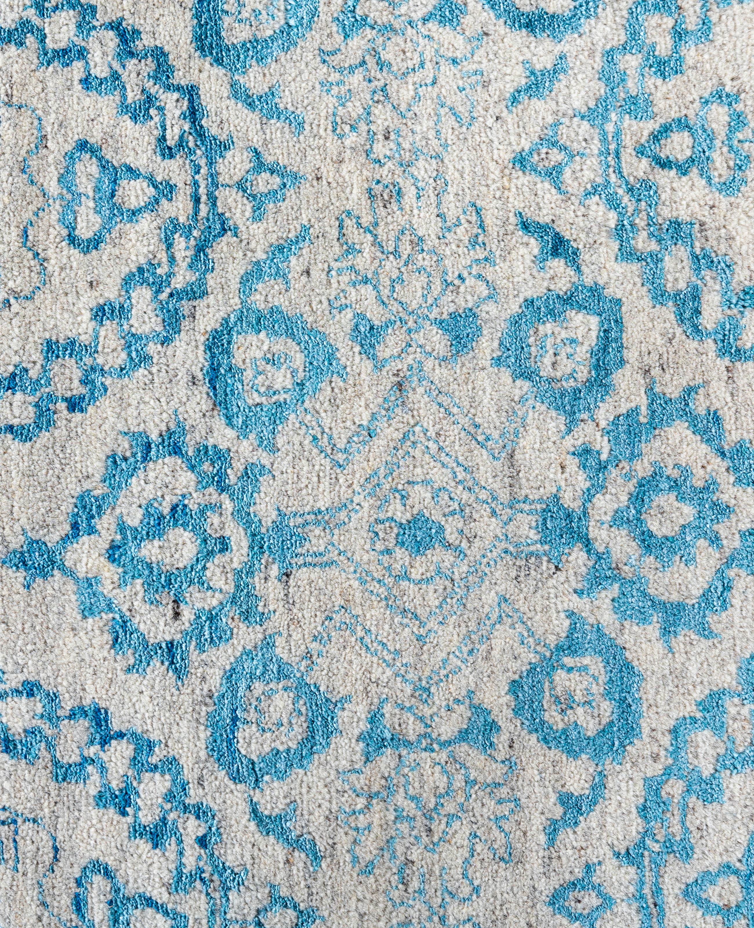 Indiano Tappeto tradizionale floreale in lana e seta annodato a mano di colore beige, 8' 2