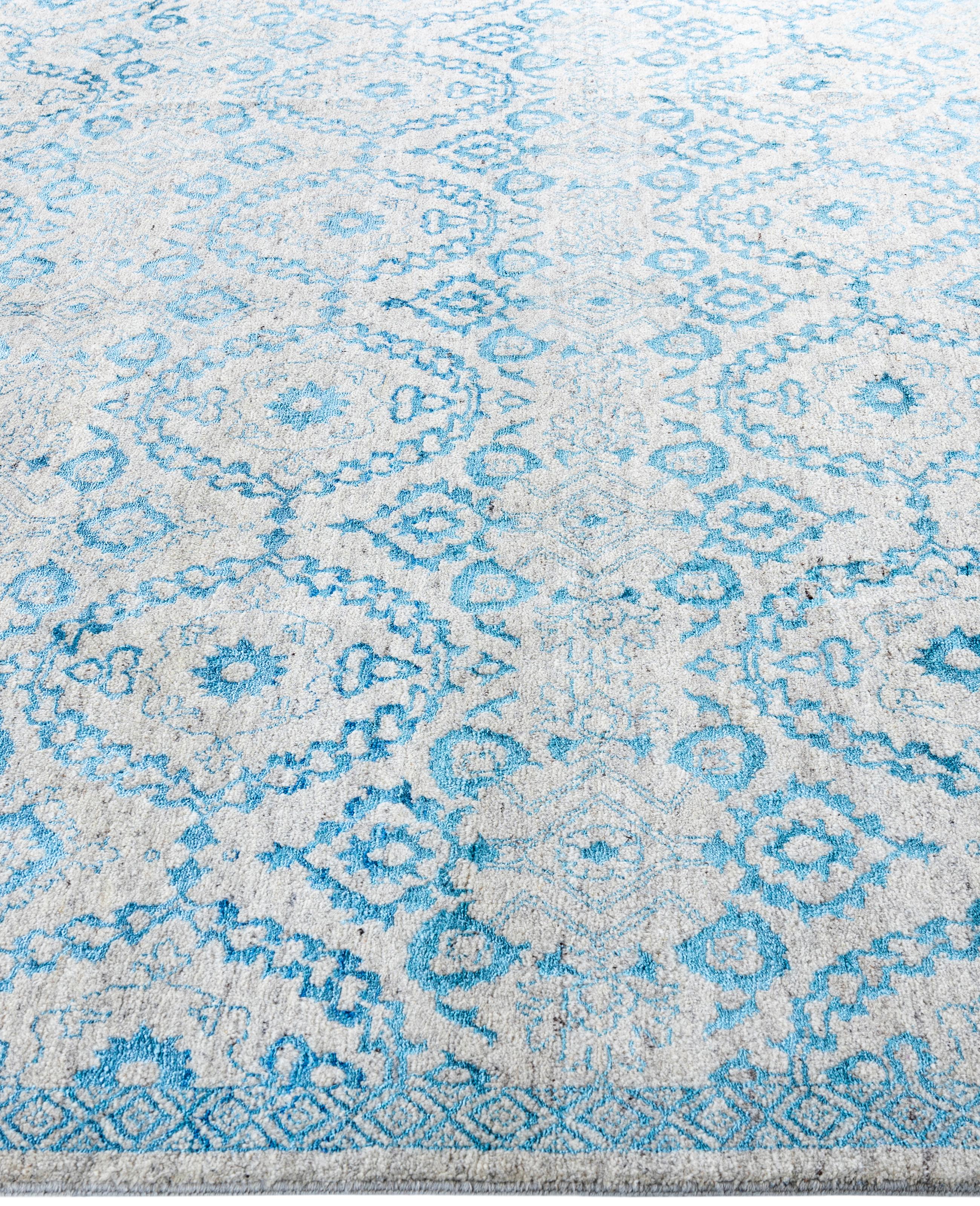 Annodato a mano Tappeto tradizionale floreale in lana e seta annodato a mano di colore beige, 8' 2