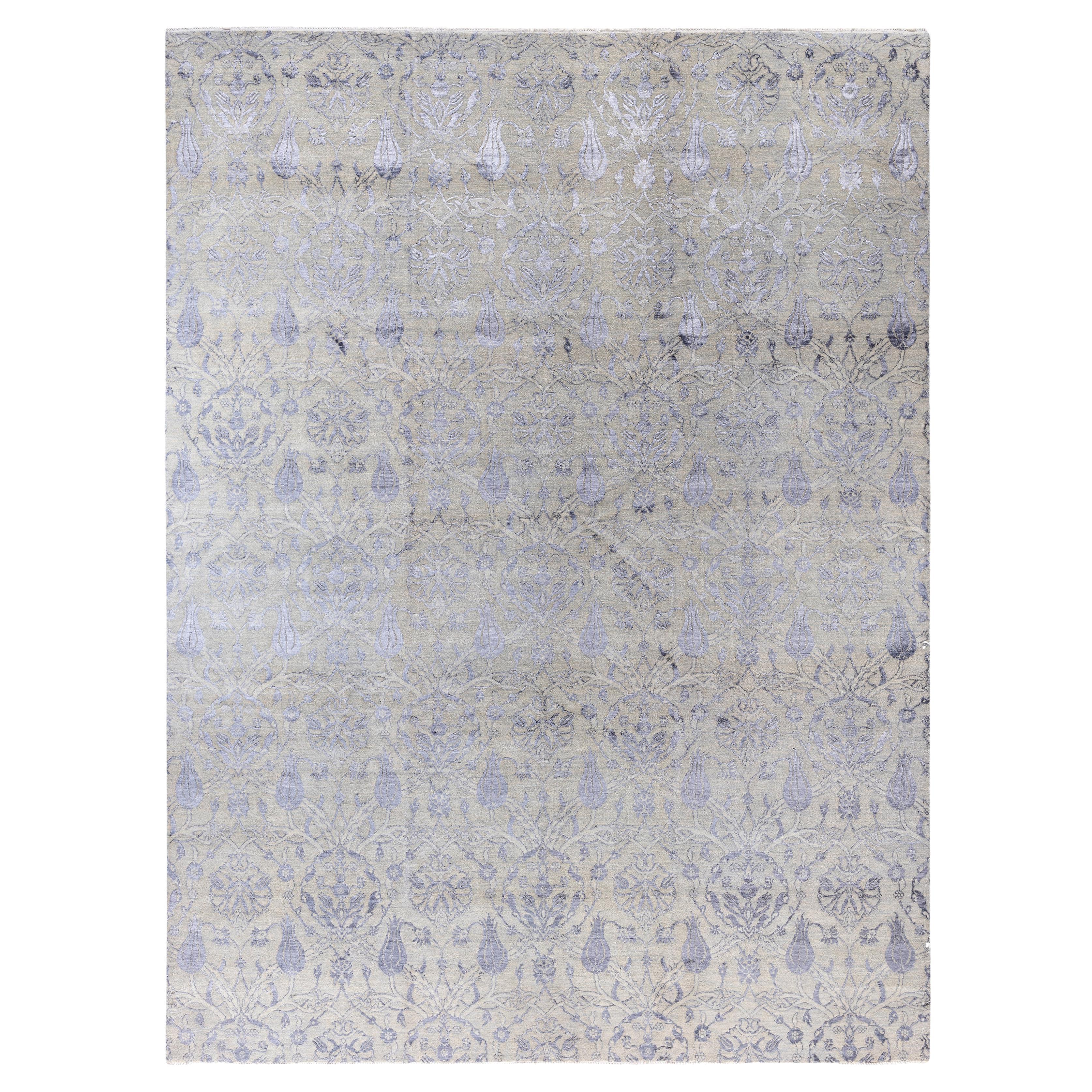 Tapis traditionnel beige noué à la main en laine et soie 9' 3" x 12' 5"