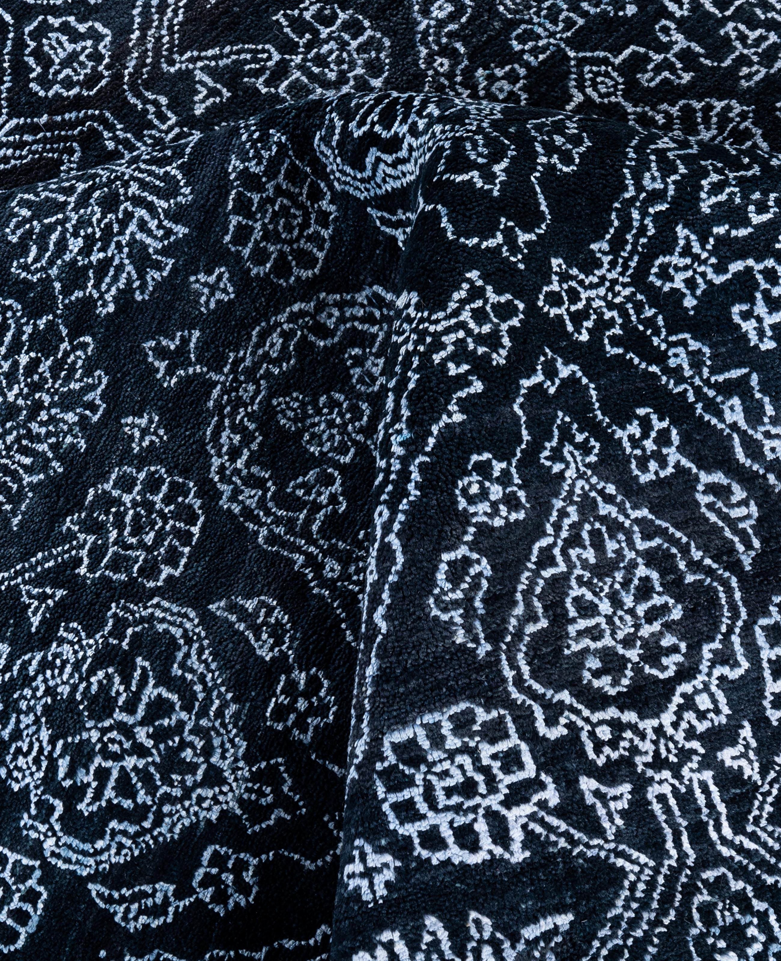 Lana Tappeto tradizionale floreale in lana e seta annodato a mano in nero 8' 2