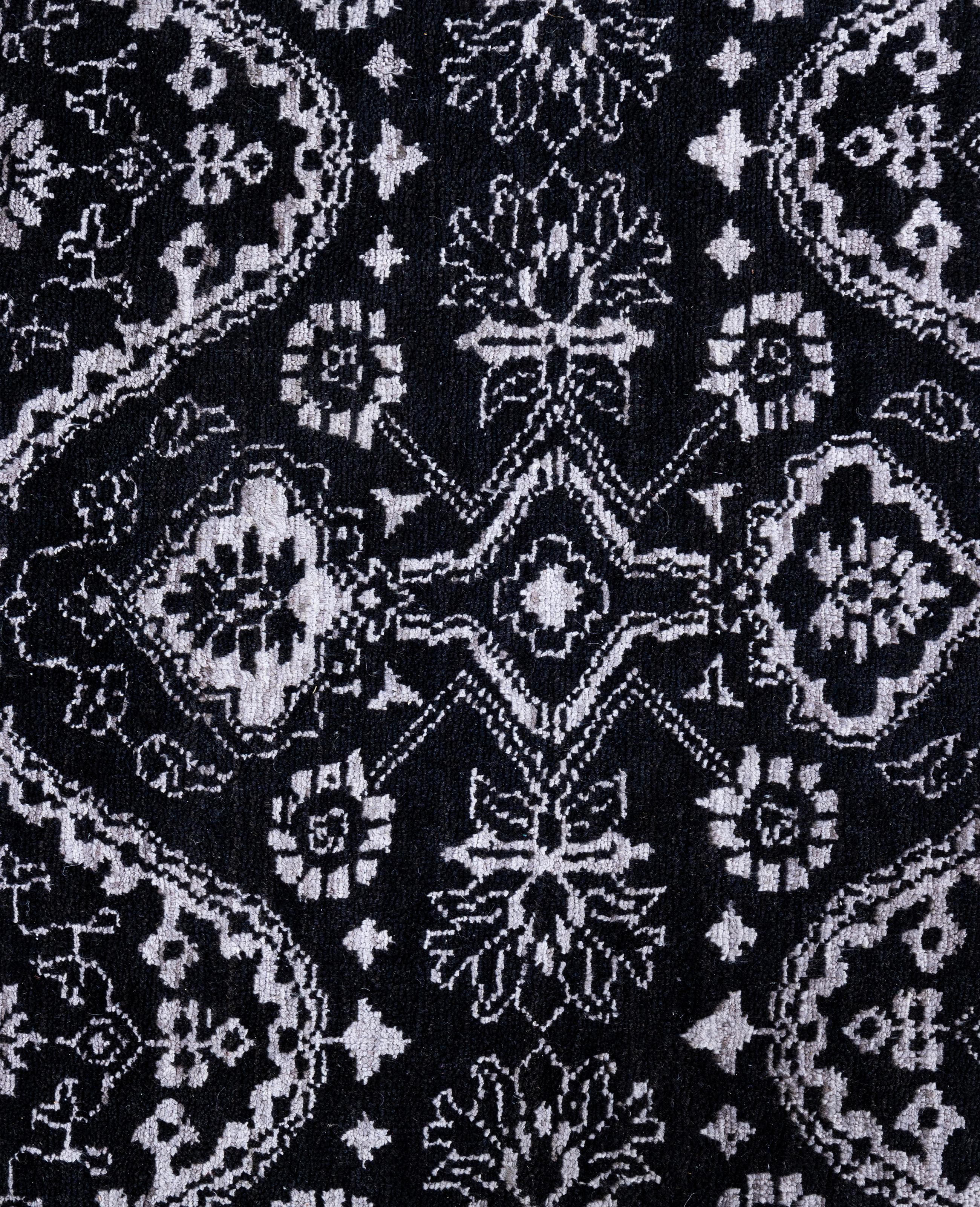Indian Traditional Floral Wool, Silk Hand Knotted Black Area Rug 9' 1
