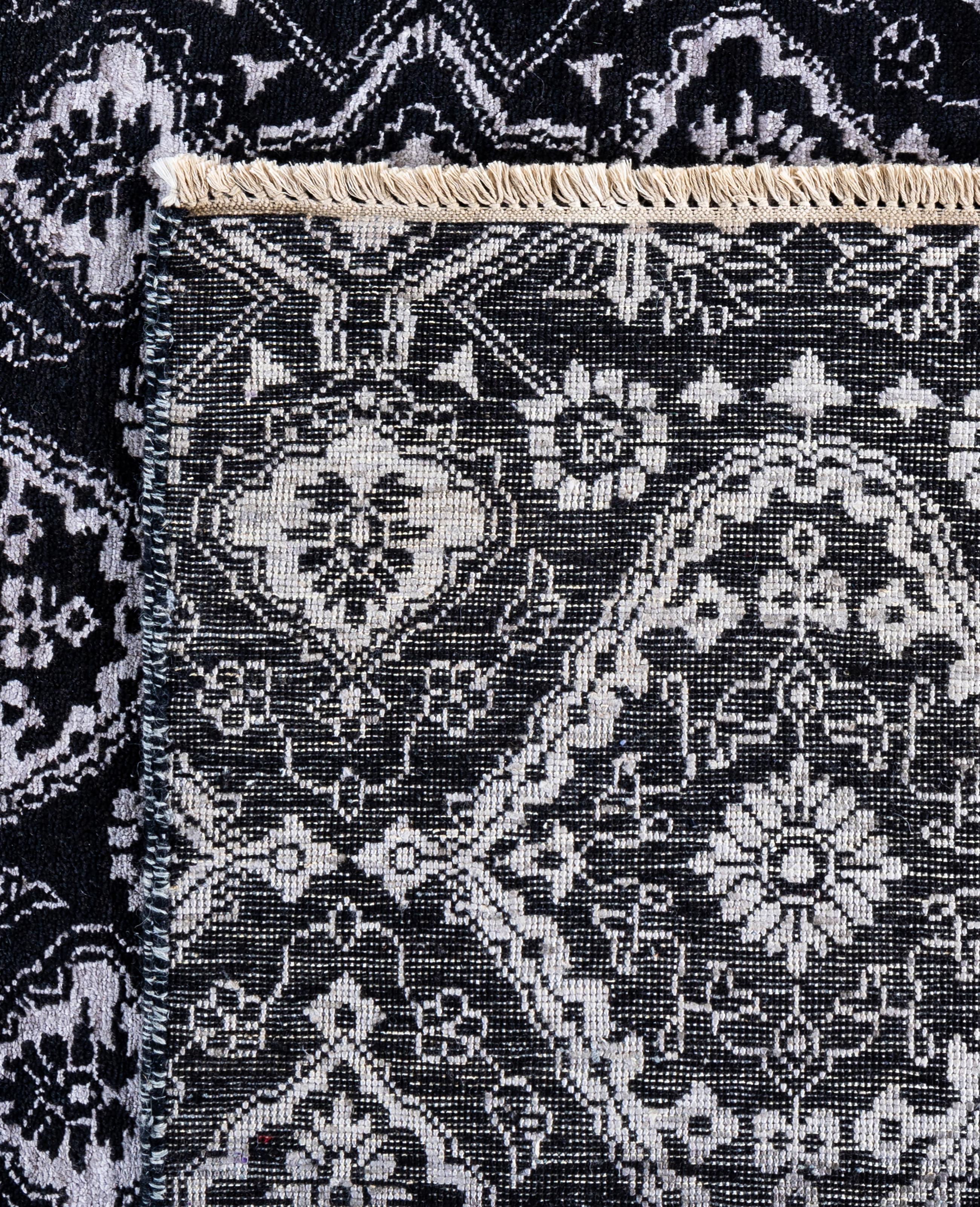 Traditional Floral Wool, Silk Hand Knotted Black Area Rug 9' 1