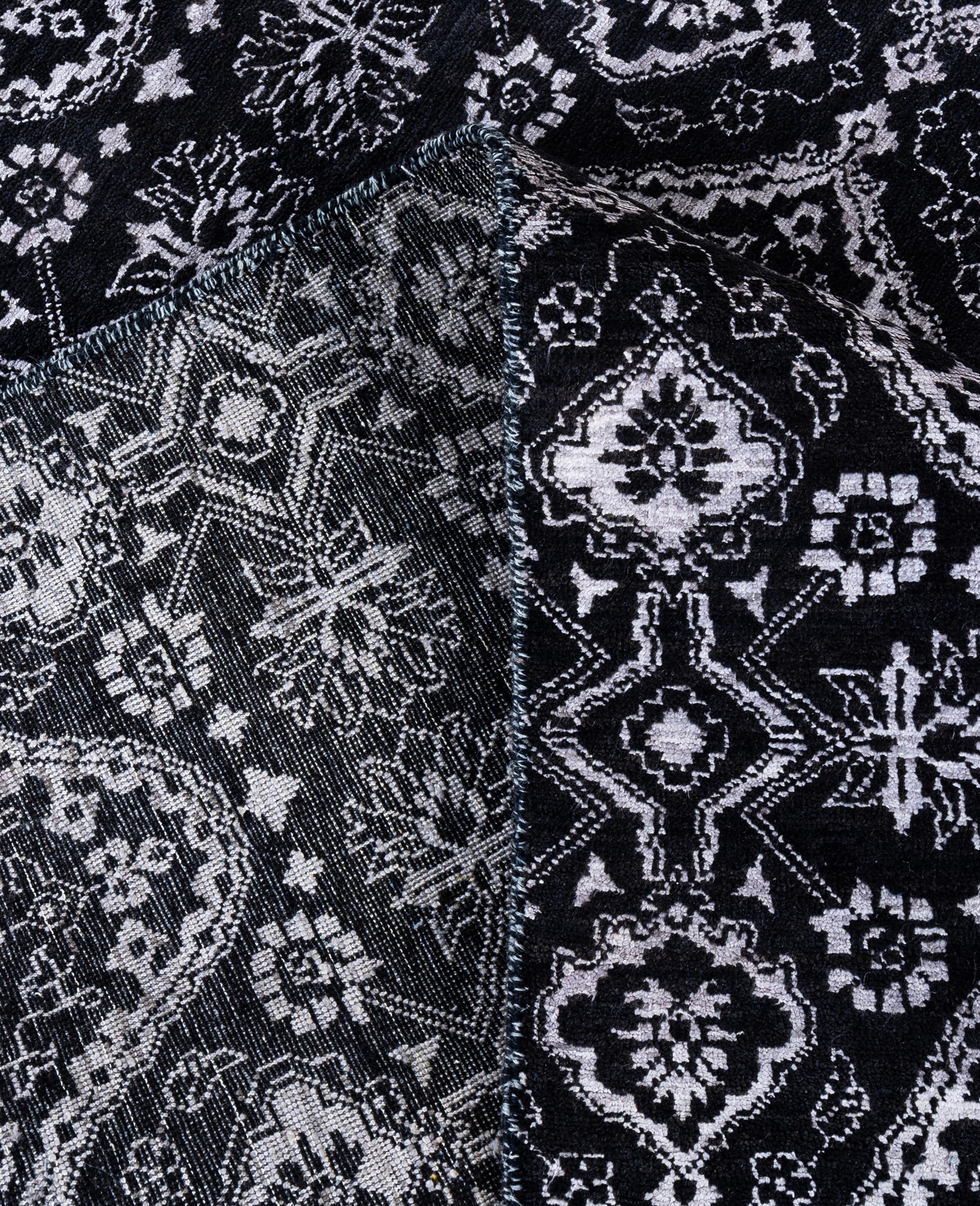 Contemporary Traditional Floral Wool, Silk Hand Knotted Black Area Rug 9' 1