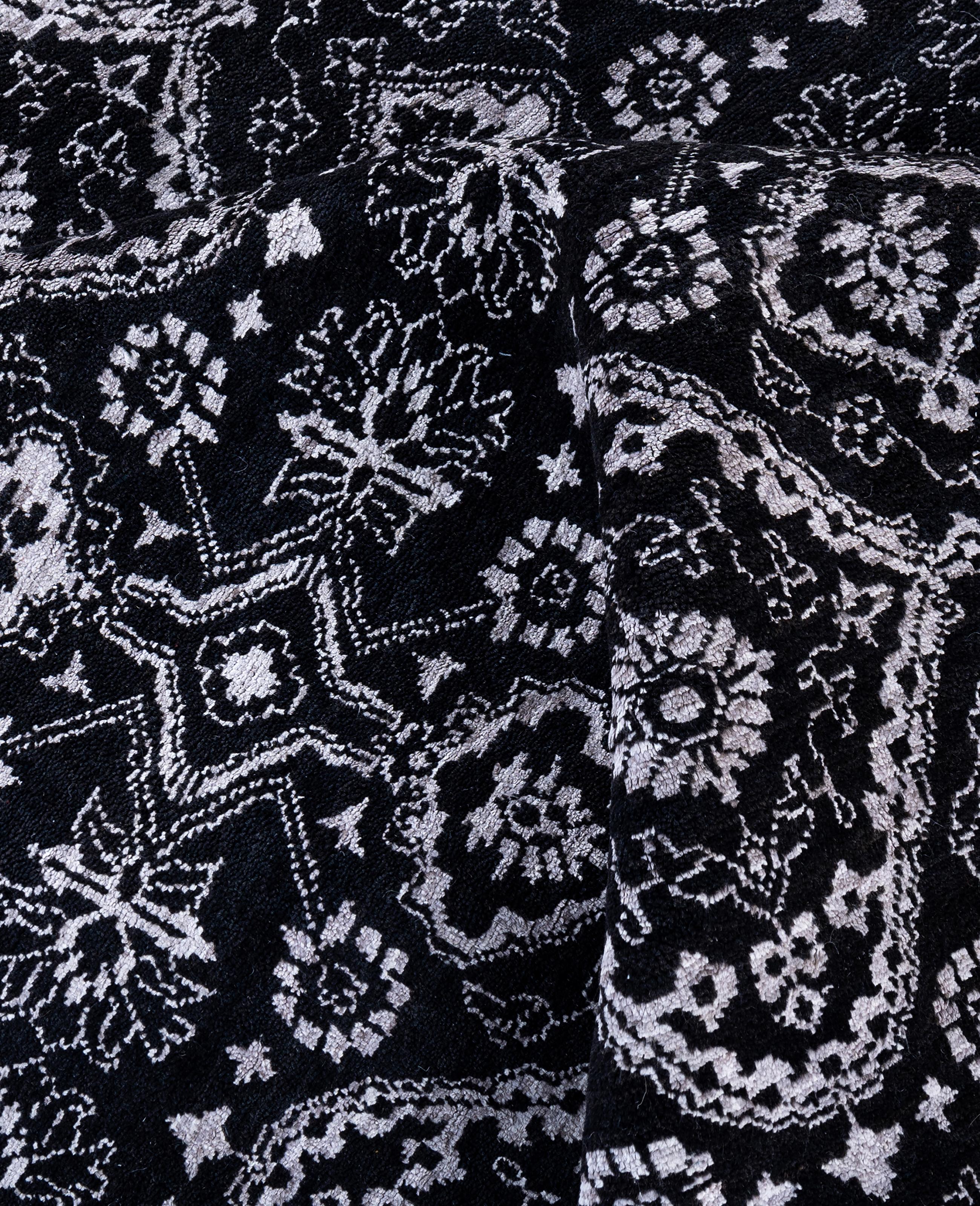 Traditional Floral Wool, Silk Hand Knotted Black Area Rug 9' 1