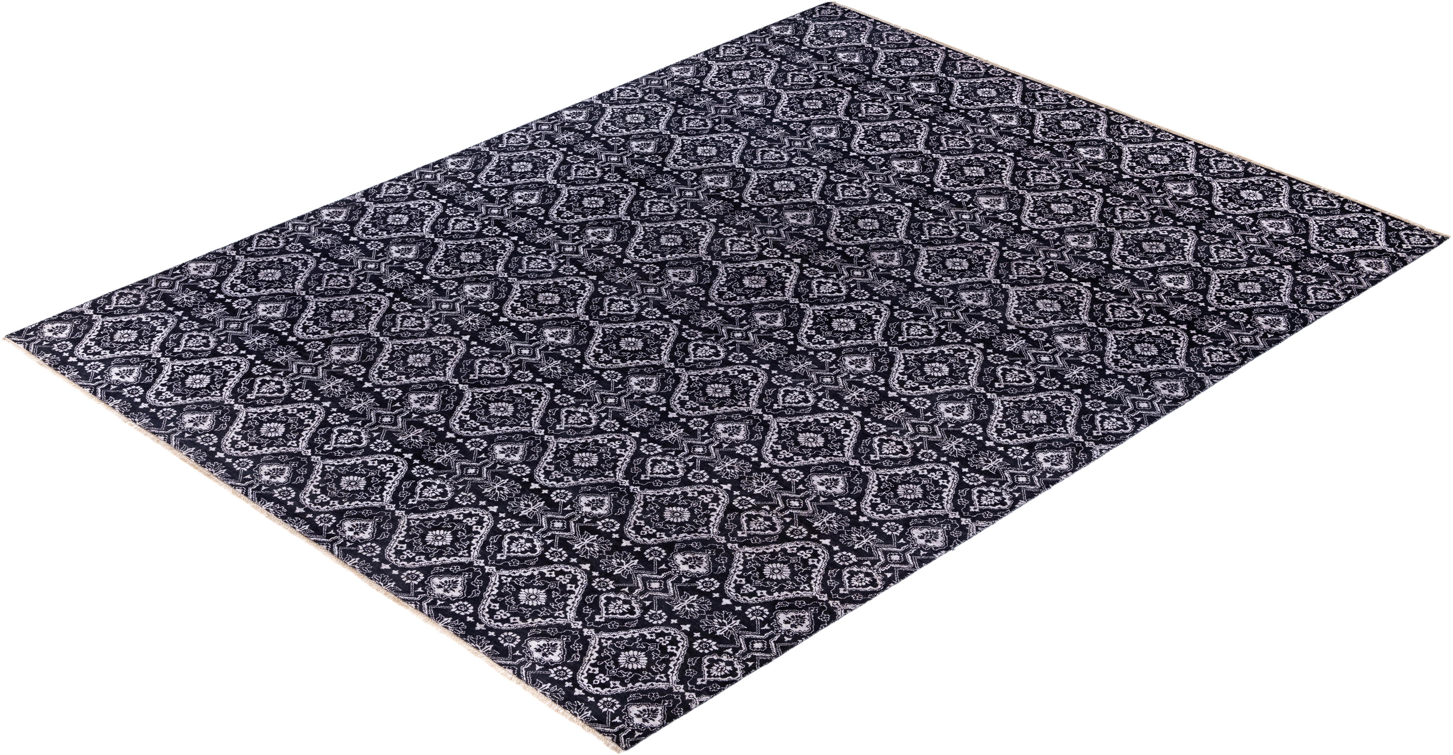 Traditional Floral Wool, Silk Hand Knotted Black Area Rug 9' 1