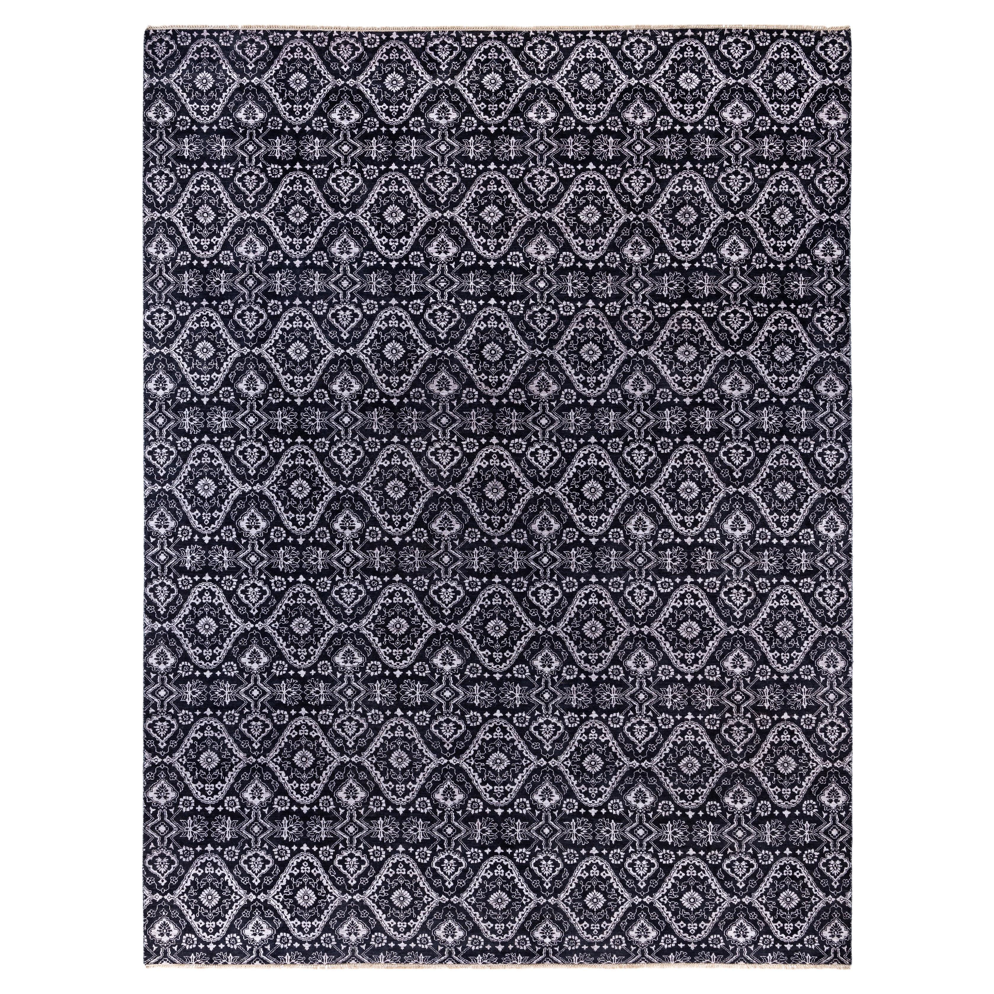 Traditional Floral Wool, Silk Hand Knotted Black Area Rug 9' 1" x 12' 1"