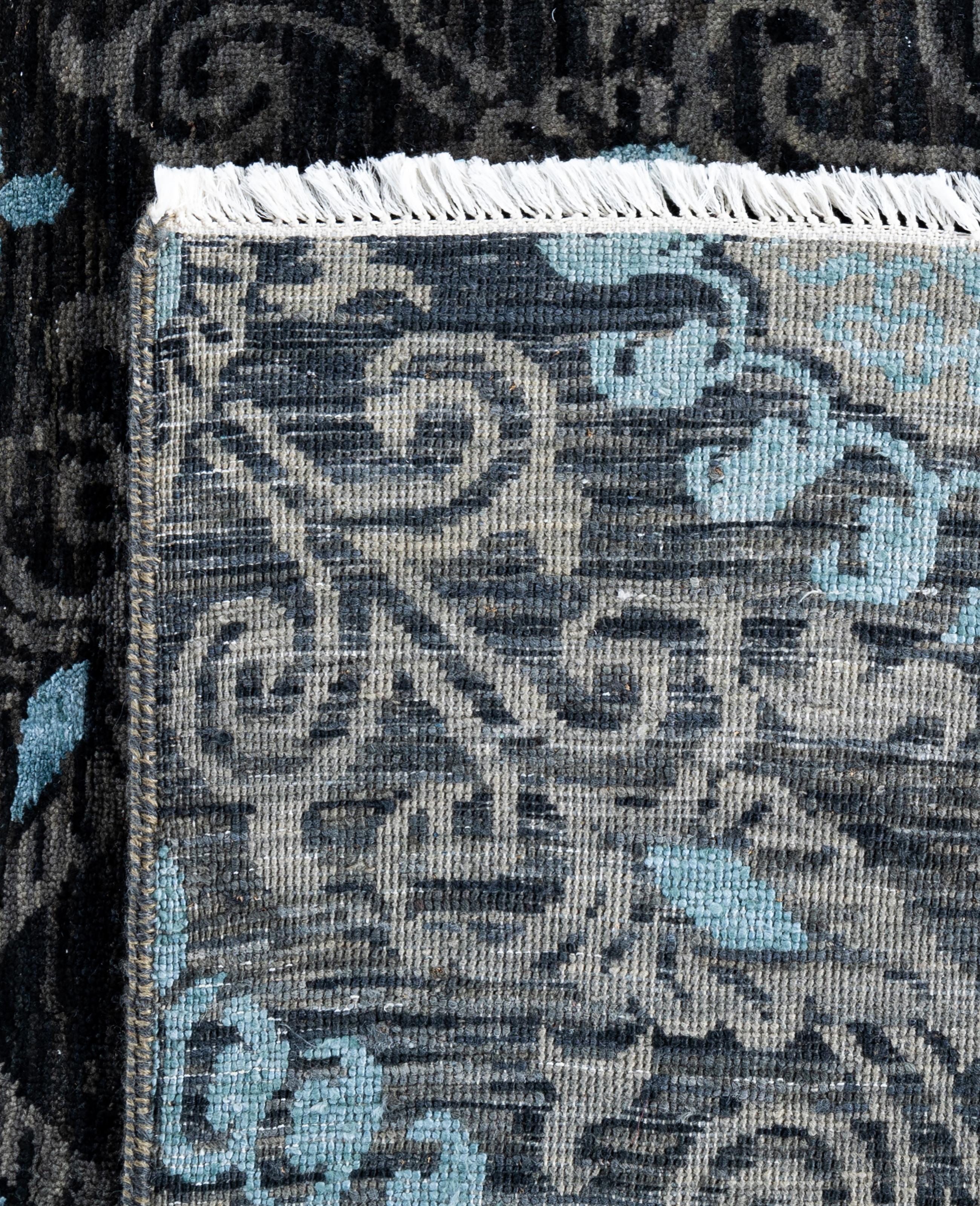 Alfombra Tradicional Floral de Lana y Seda Anudada a Mano en Negro 9' 3