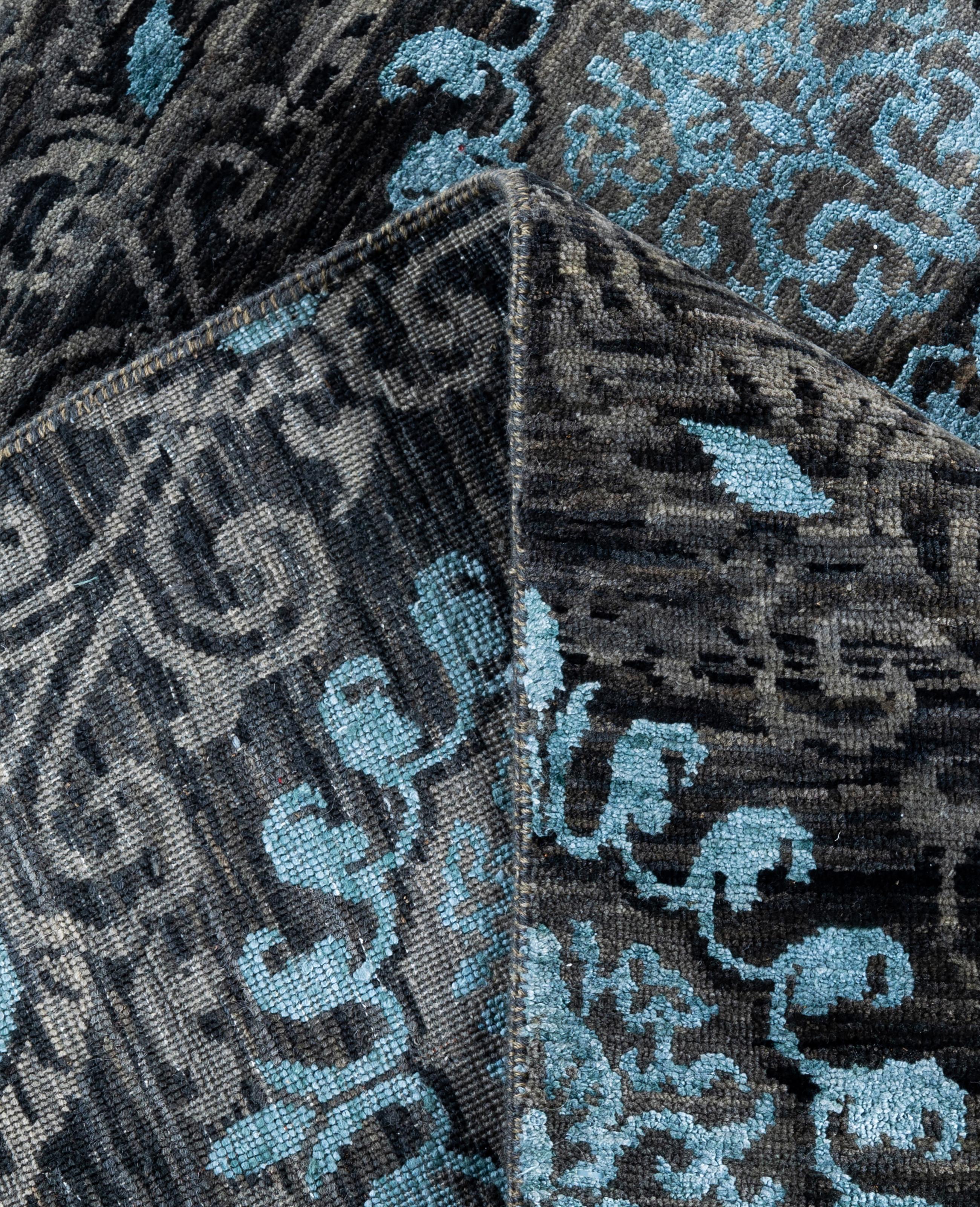Alfombra Tradicional Floral de Lana y Seda Anudada a Mano en Negro 9' 3