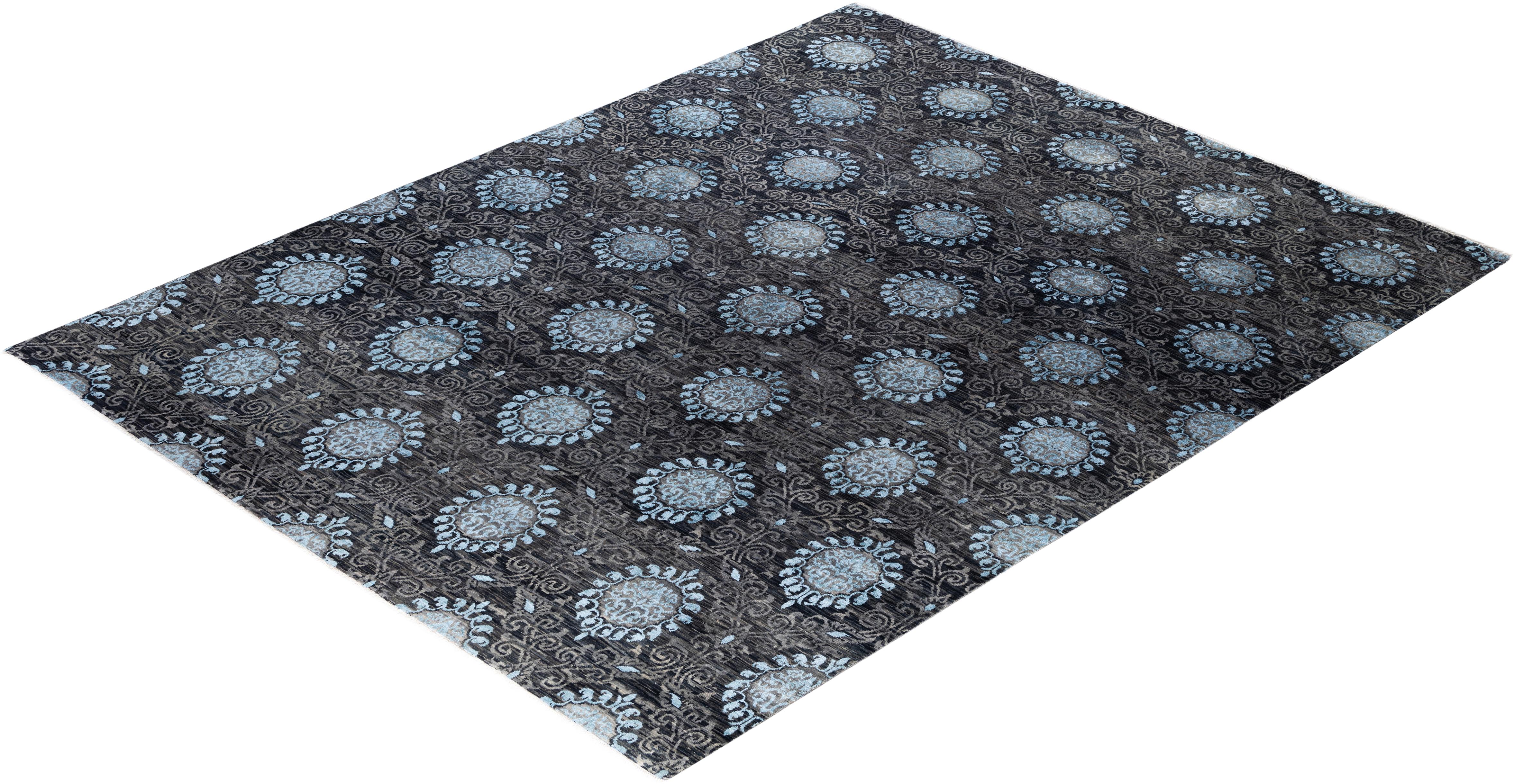 Alfombra Tradicional Floral de Lana y Seda Anudada a Mano en Negro 9' 3