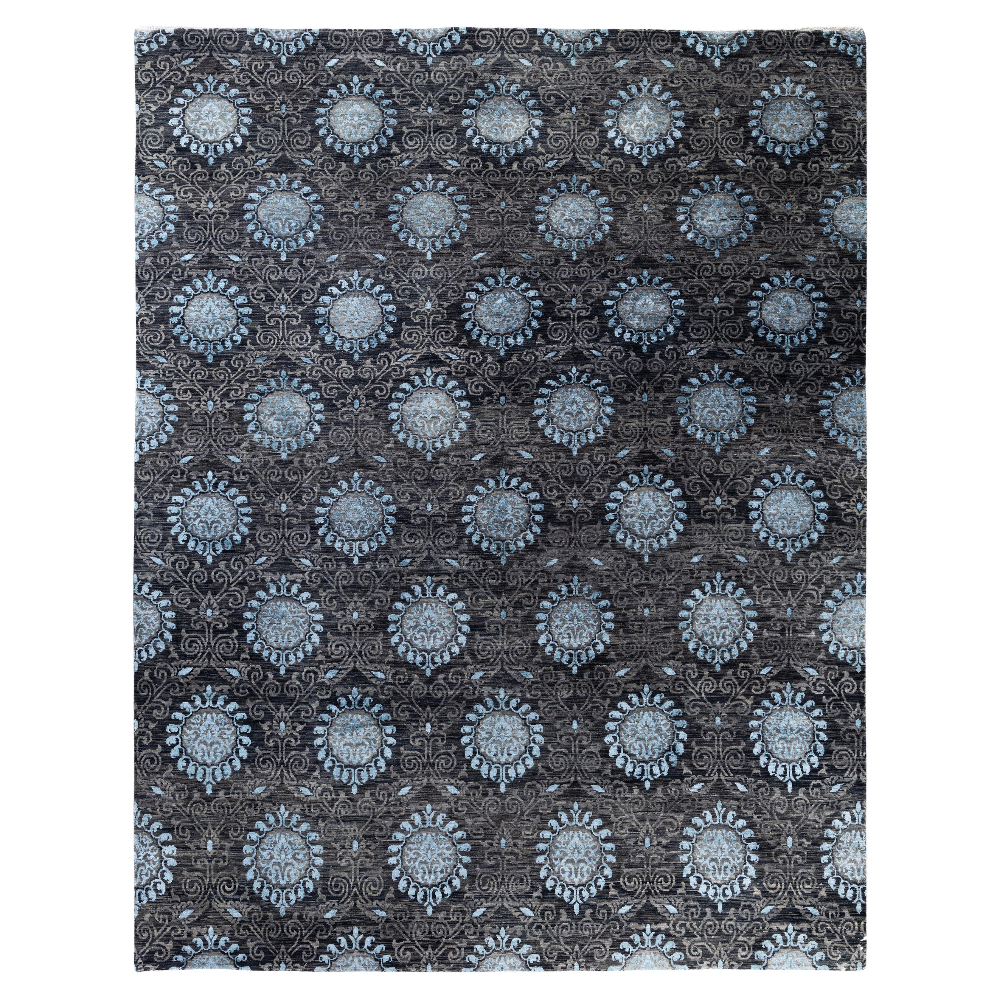Traditional Floral Wool, Silk Hand Knotted Black Area Rug 9' 3" x 11' 10"