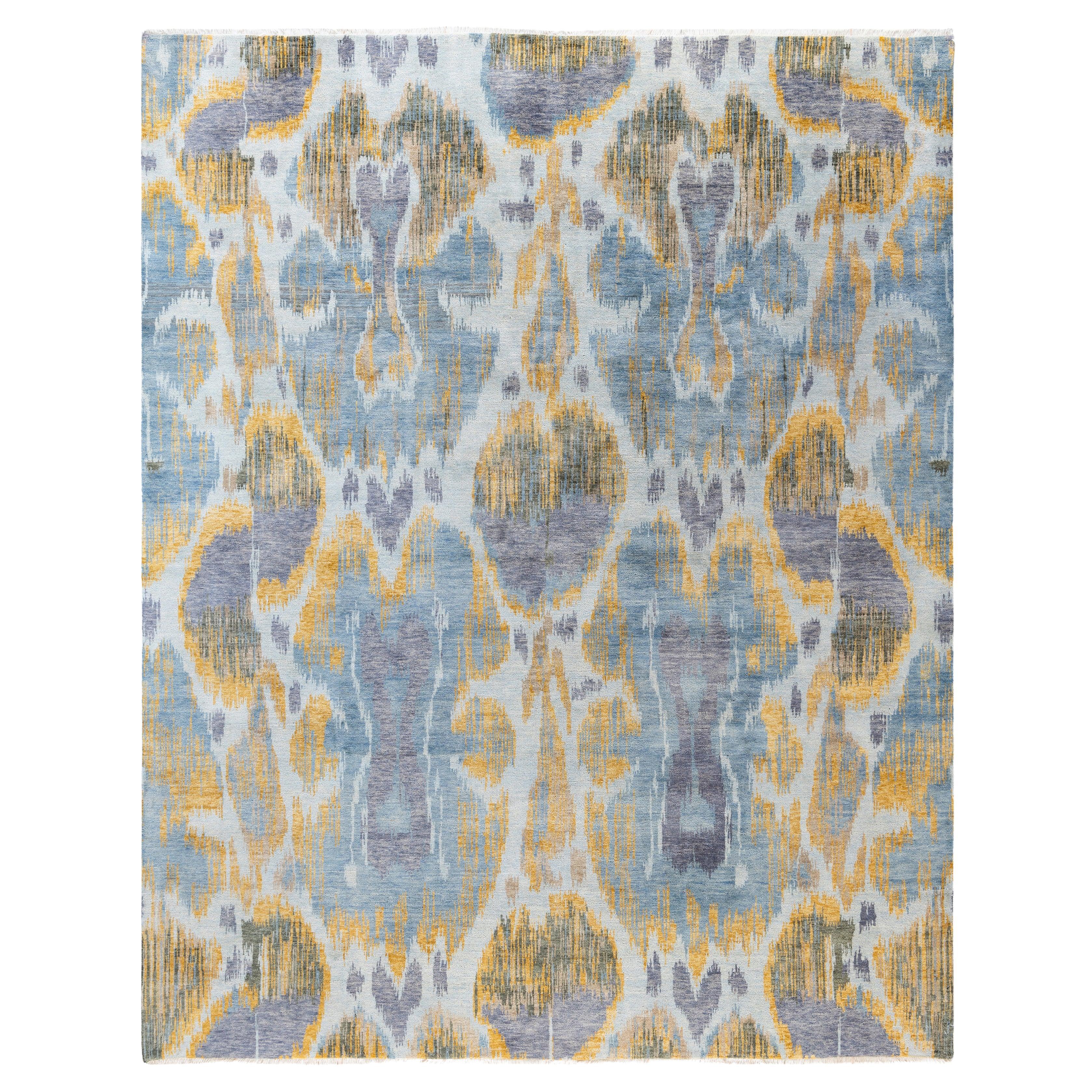 Traditional Floral Wool, Silk Hand Knotted Blue Area Rug 8' 1" x 10' 1" en vente