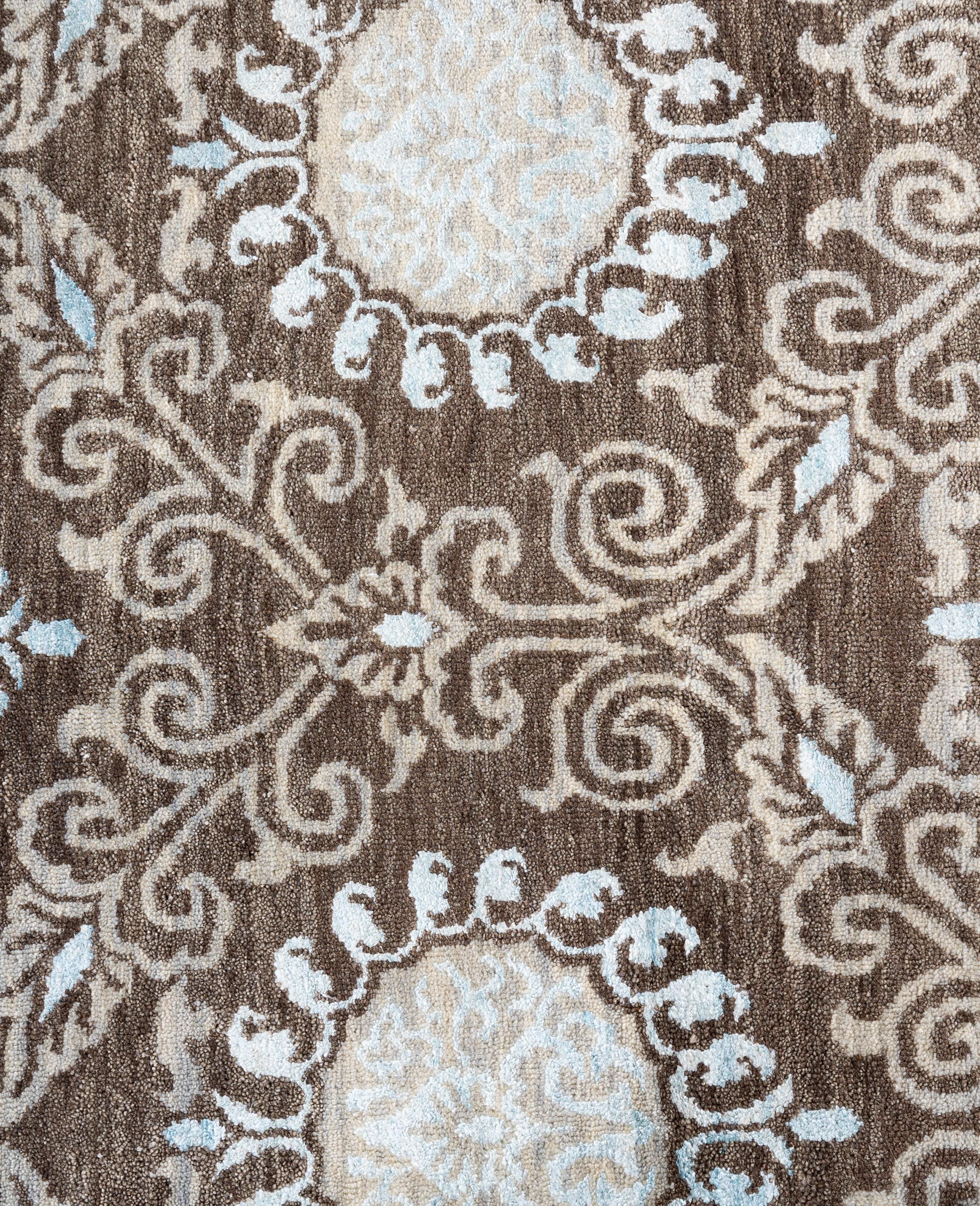 Indian Traditional Floral Wool, Silk Hand Knotted Brown Area Rug 9' 1