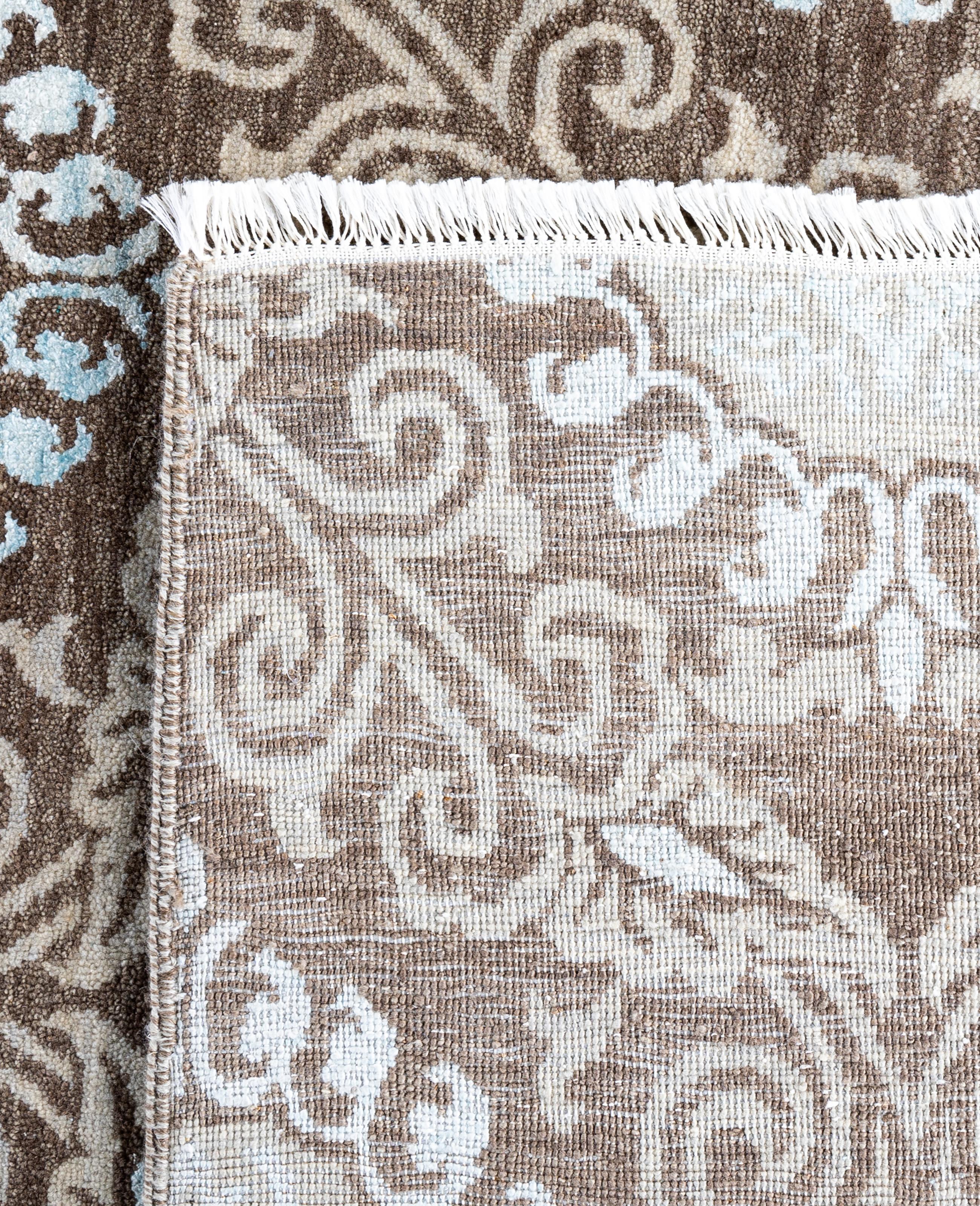 Traditional Floral Wool, Silk Hand Knotted Brown Area Rug 9' 1