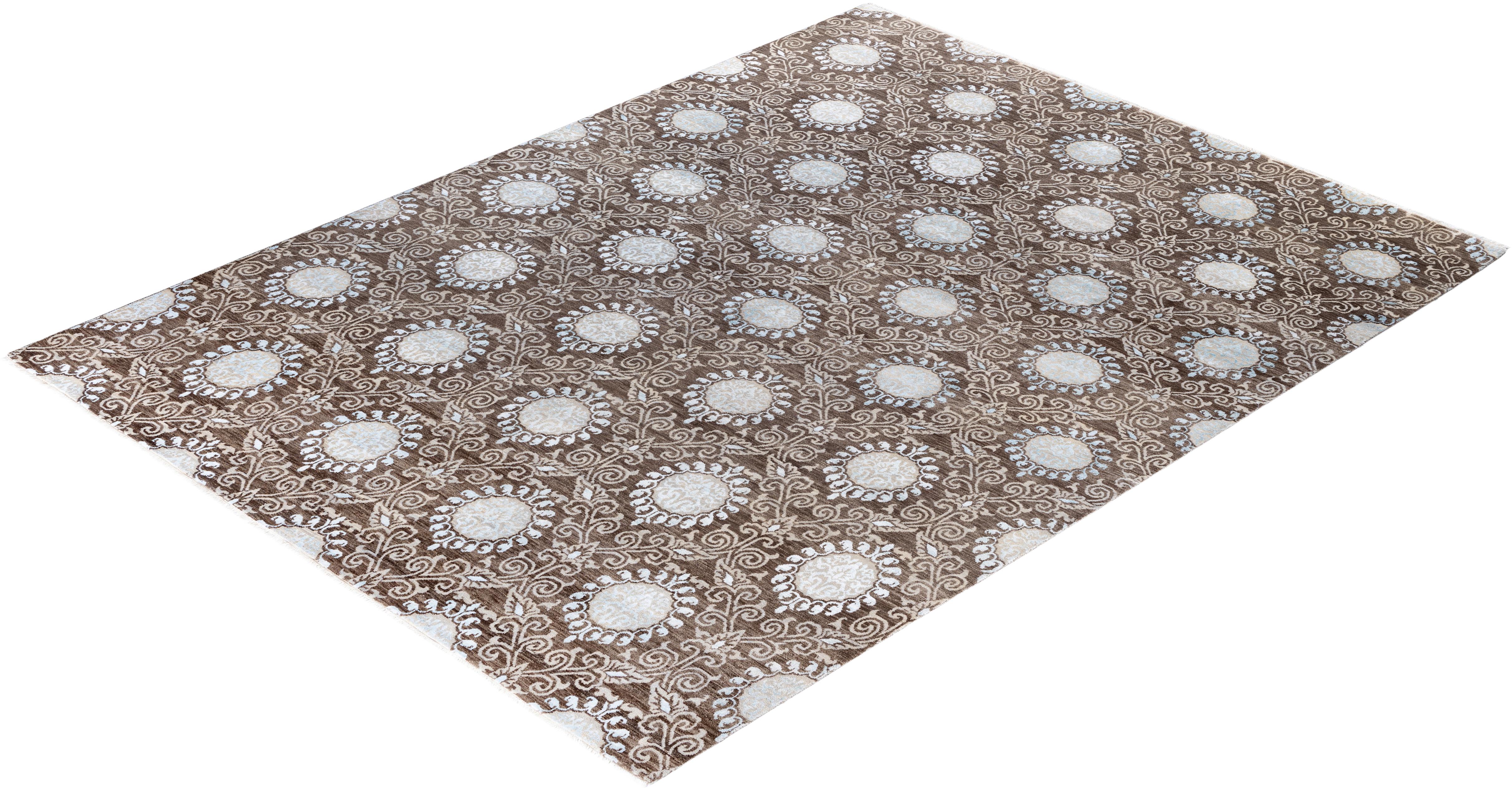 Traditional Floral Wool, Silk Hand Knotted Brown Area Rug 9' 1