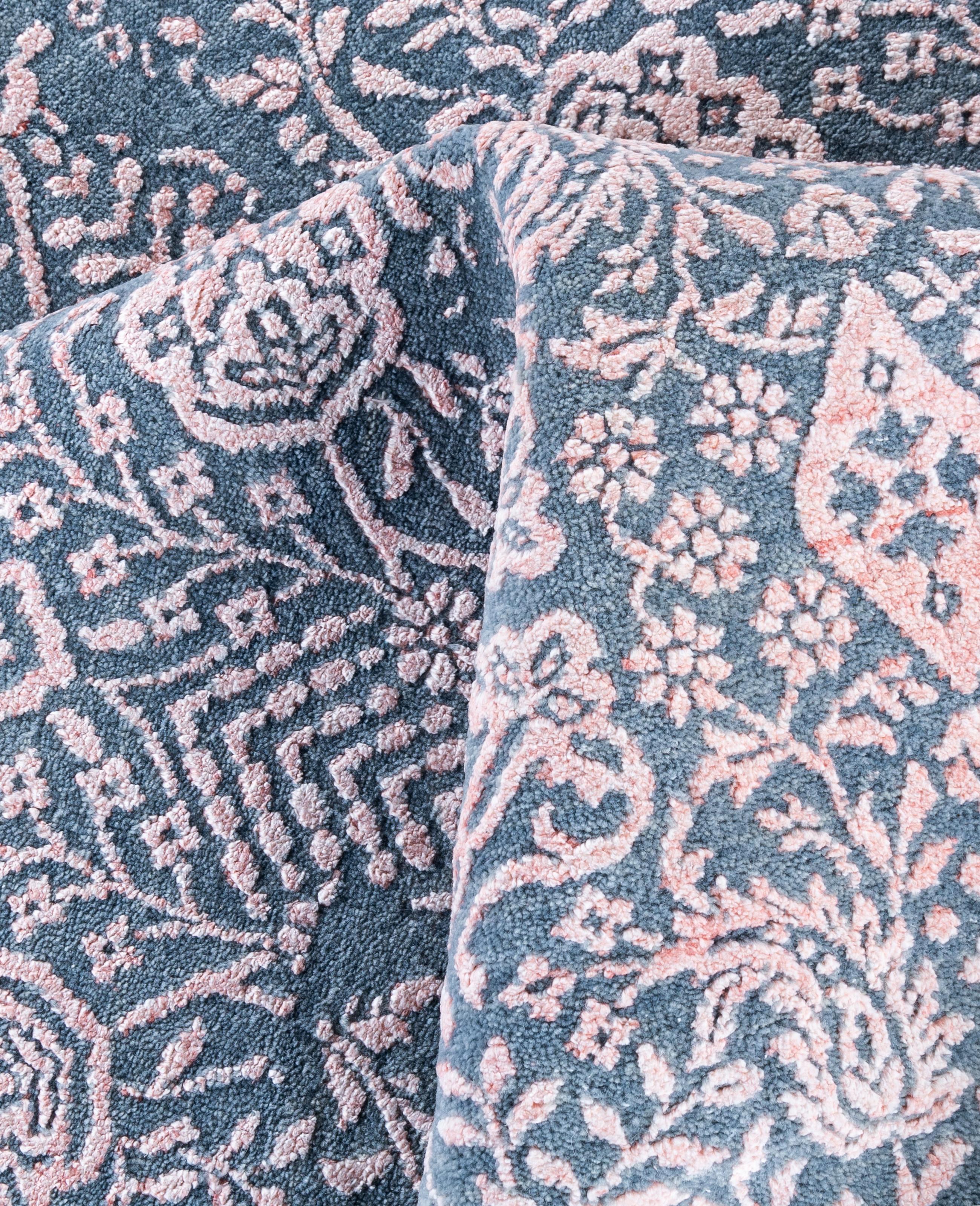 Alfombra Tradicional Floral de Lana y Seda Anudada a Mano Gris 8' 0